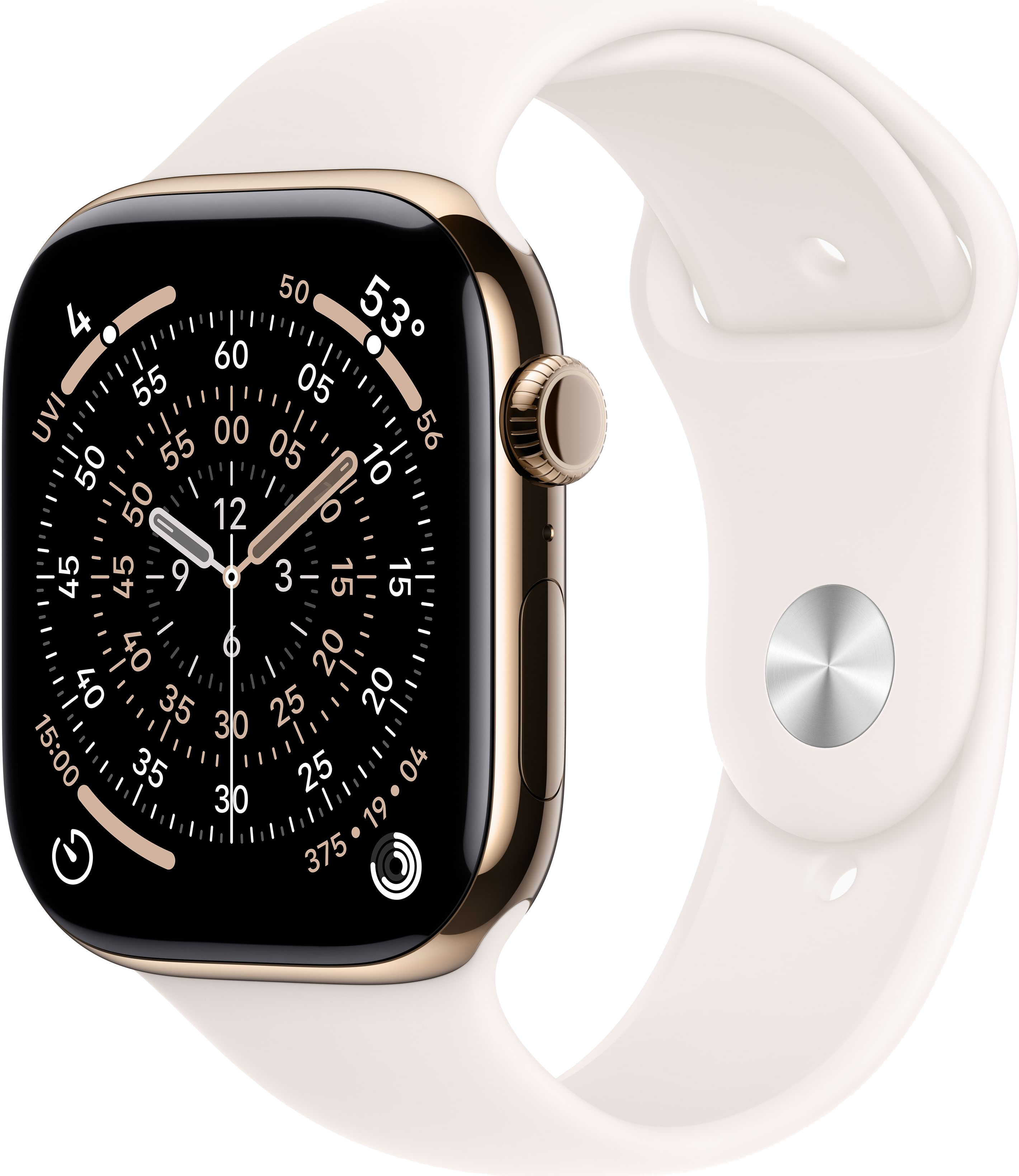 Złoty Apple Watch z białym paskiem. Tarcza pokazuje czas i inne wskaźniki.