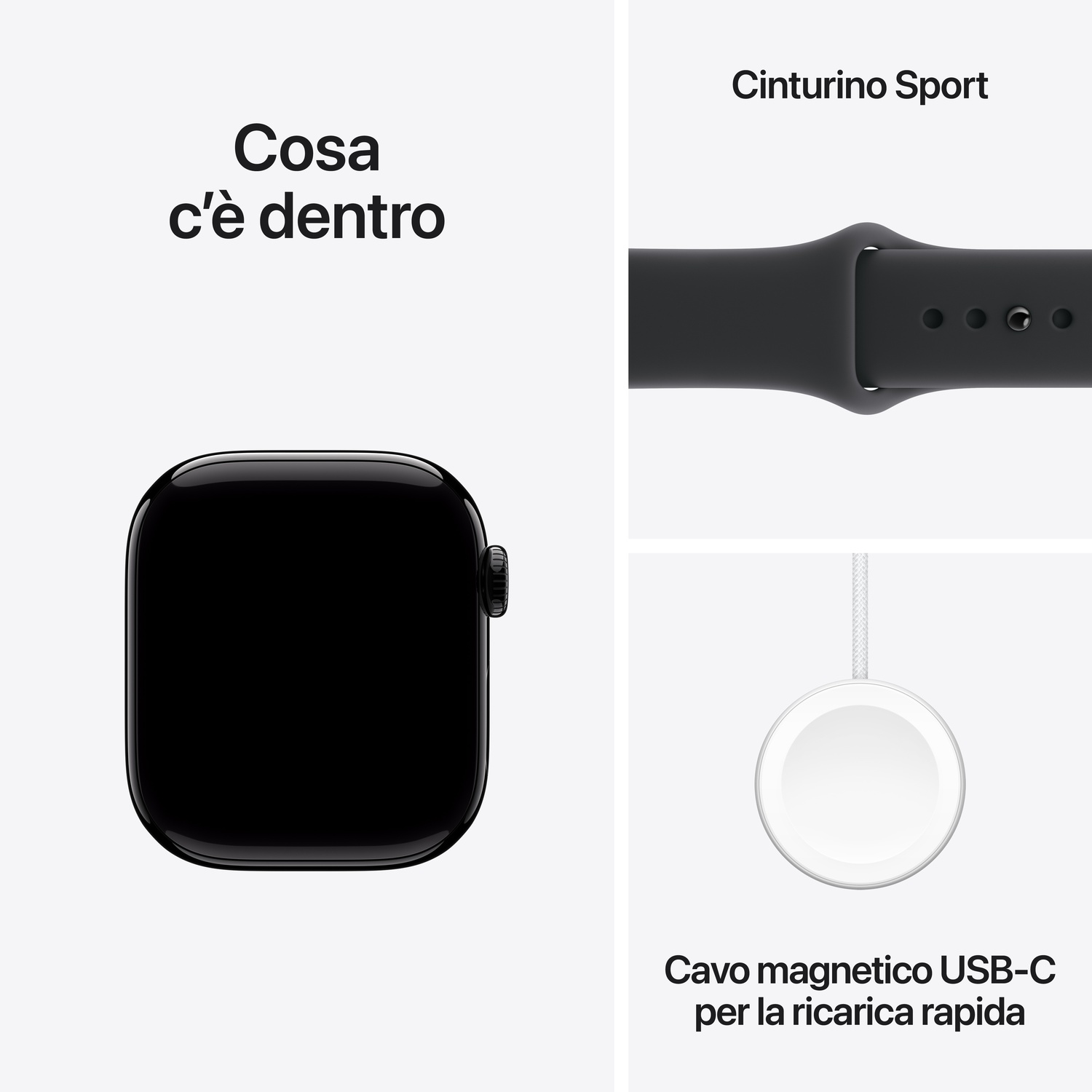L'immagine mostra un Apple Watch, un cinturino sportivo e un cavo di ricarica magnetico USB-C. Tutti gli elementi su sfondo bianco.