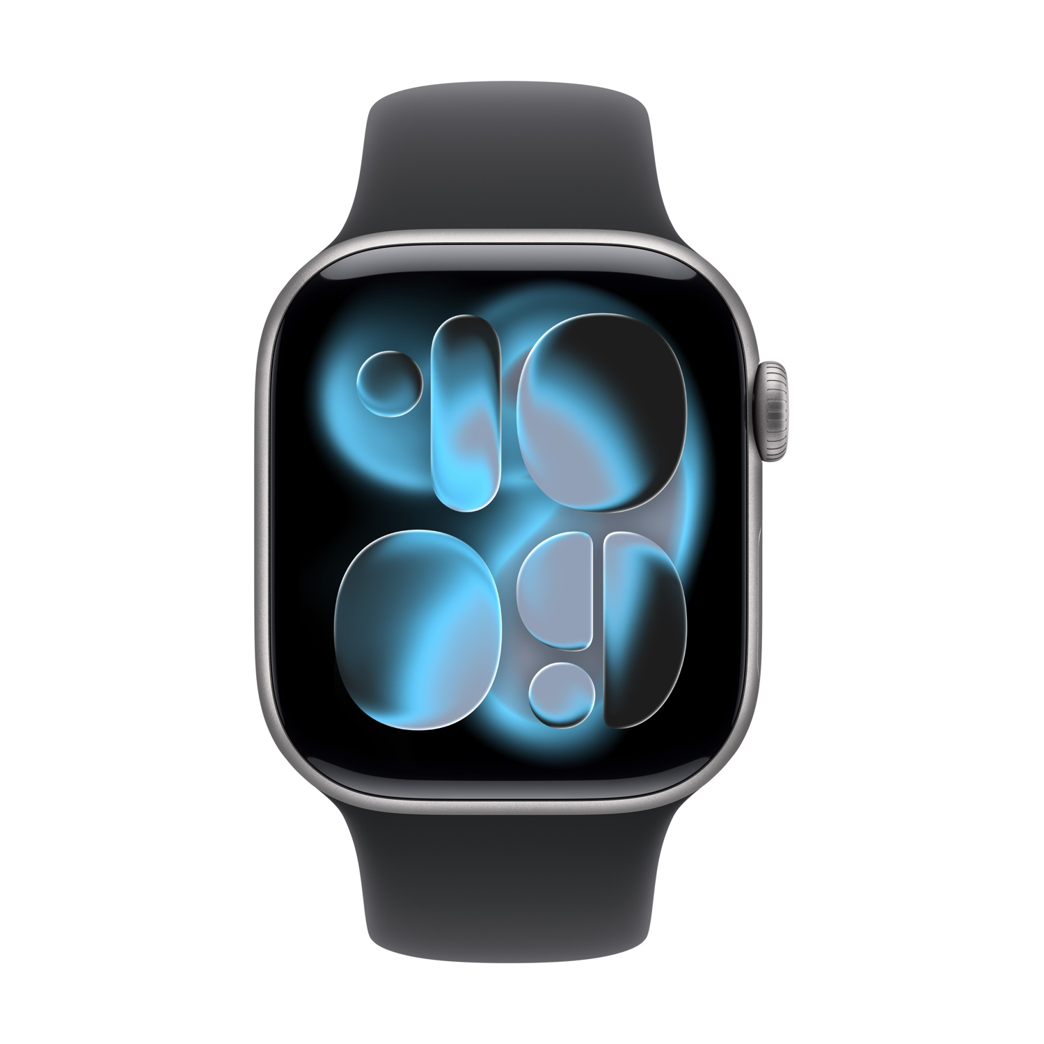 Un Apple Watch nero con cassa argentata, che mostra un quadrante blu e nero. Ha un cinturino nero e si trova su uno sfondo bianco.