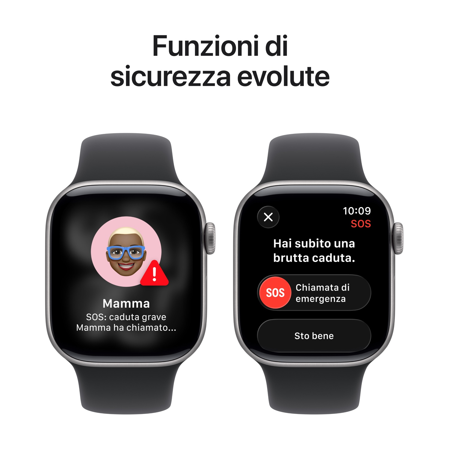 Due smartwatch. Uno mostra una chiamata di emergenza dalla mamma dopo una caduta. L'altro offre opzioni di chiamata.