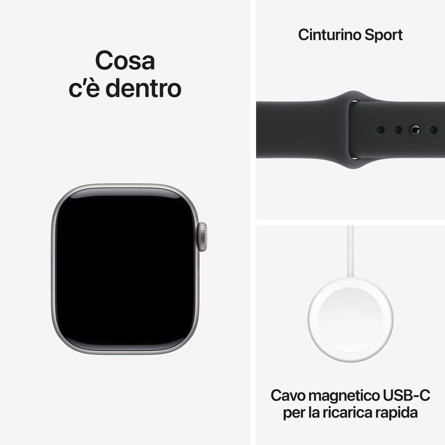 Un Apple Watch con schermo nero, cinturino sport nero e cavo di ricarica magnetico bianco su sfondo bianco.