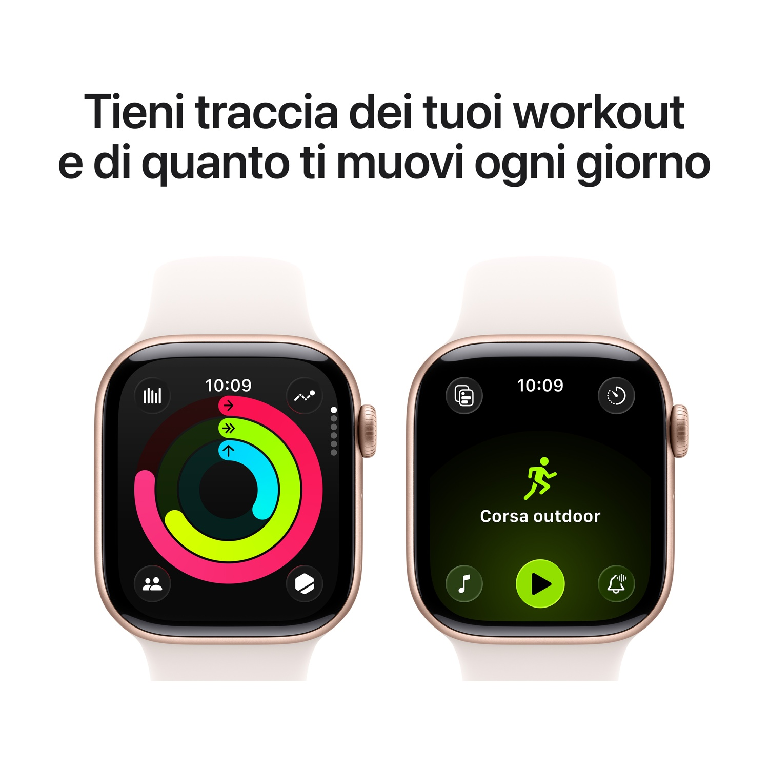 Due smartwatch mostrano il monitoraggio dell'allenamento. Uno mostra anelli di attività, l'altro mostra 'Corsa outdoor' con controlli di riproduzione/pausa e musica.