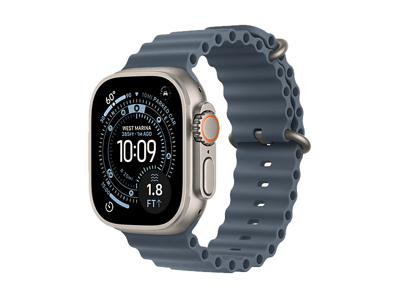 Apple Watch Ultra 3 (2025), GPS+CEL, 49 mm, Caja de Titanio Natural, Correa Ocean Band Azul náutico, Calidad del sueño, Via satélite, 42h Autonomía