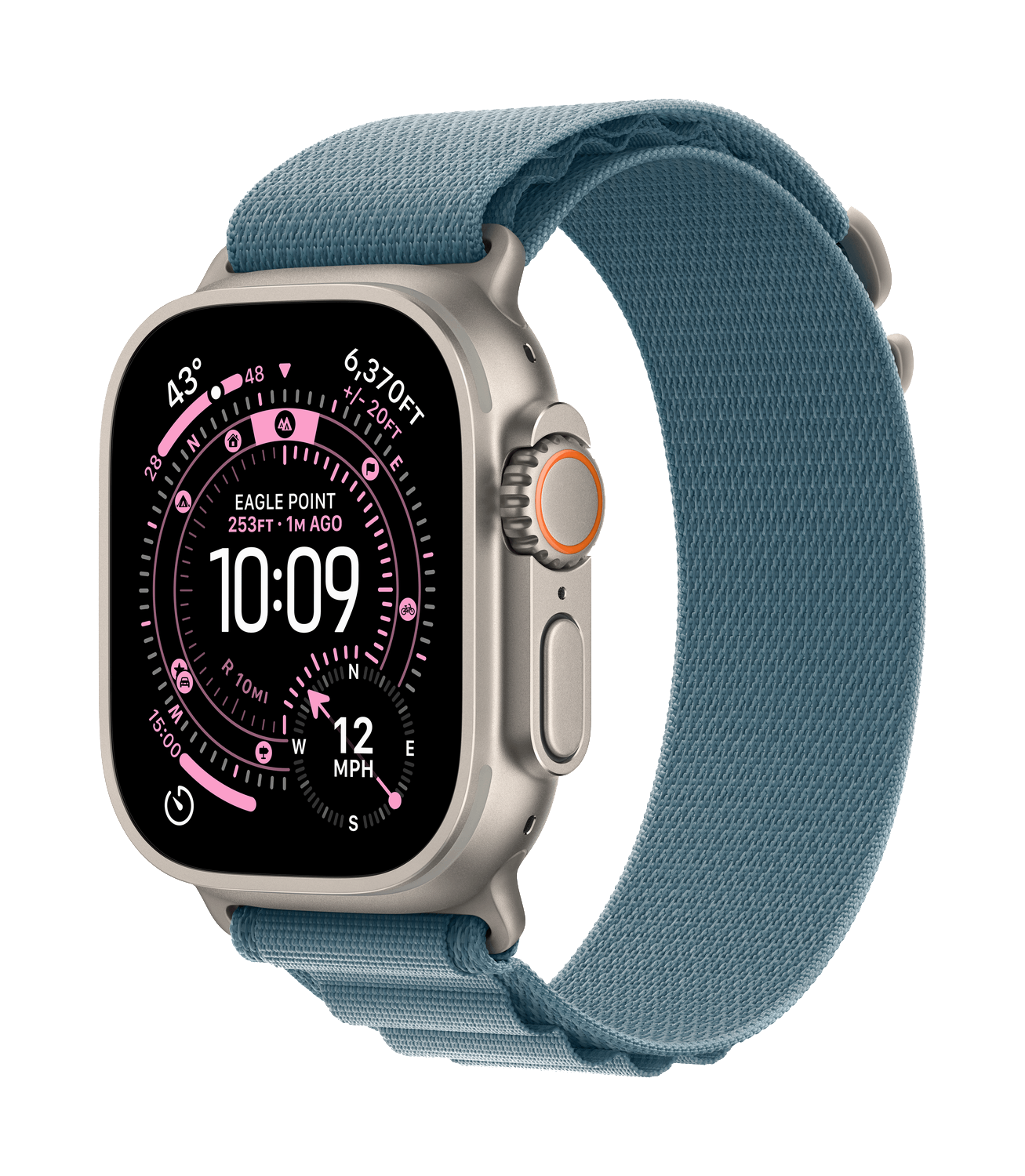 Apple Watch Ultra con correa de tela azul. La esfera muestra hora, altitud y datos de ubicación.