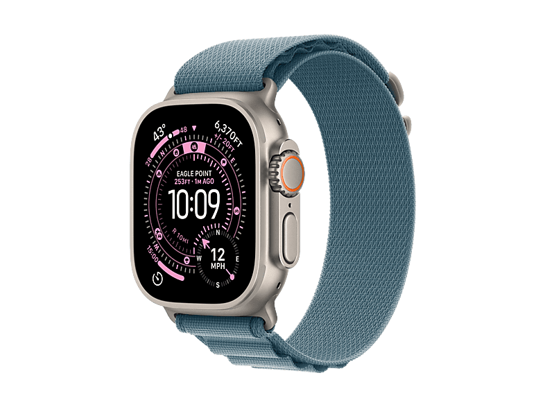 Apple Watch Ultra 3 (2025), GPS+CEL, 49 mm, Caja de Titanio Natural, Correa Alpine Loop Azul claro, S, Calidad del sueño, Via satélite, 42h Autonomía