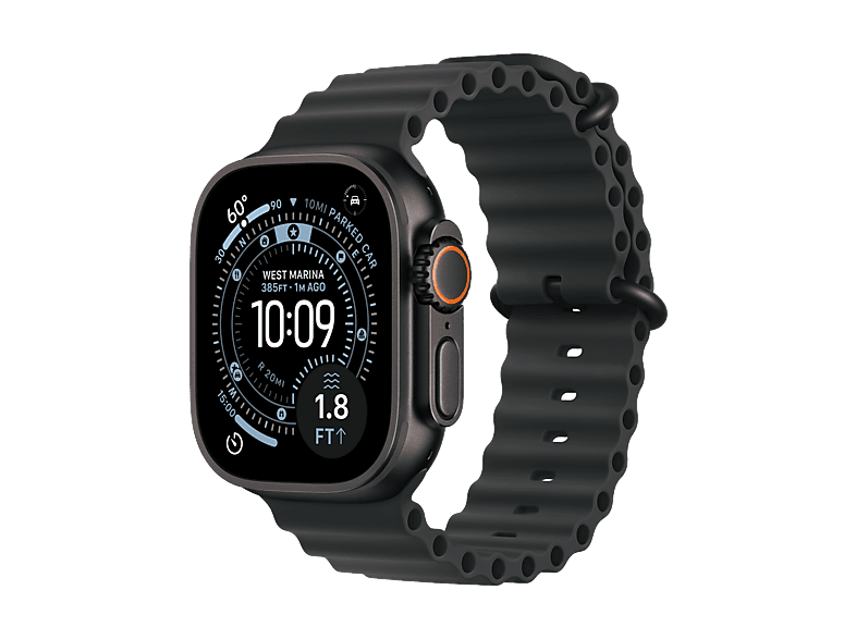 Apple Watch Ultra 3 (2025), GPS+CEL, 49 mm, Caja de Titanio Negro, Correa Ocean Band Calidad del sueño, Via satélite, 42h Autonomía