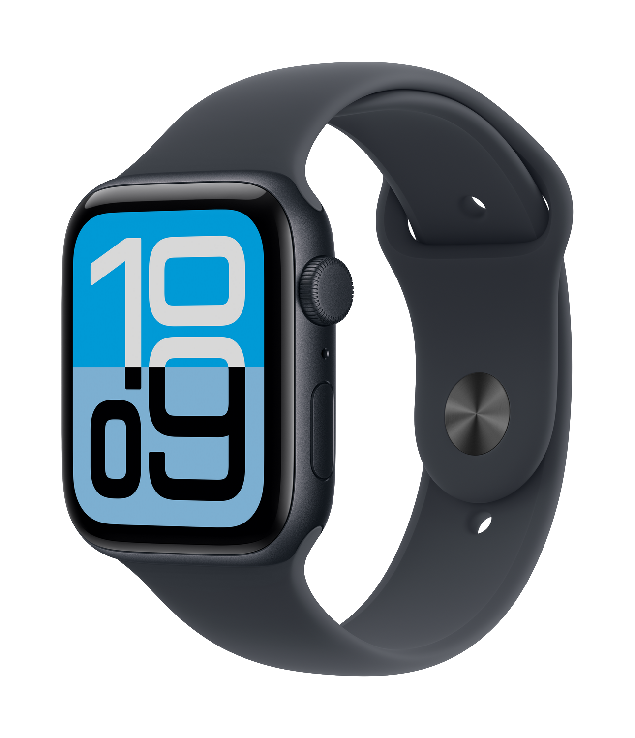 Un Apple Watch gris oscuro muestra la hora 10:09. El reloj tiene una correa gris oscura y una pantalla negra. El fondo es negro.