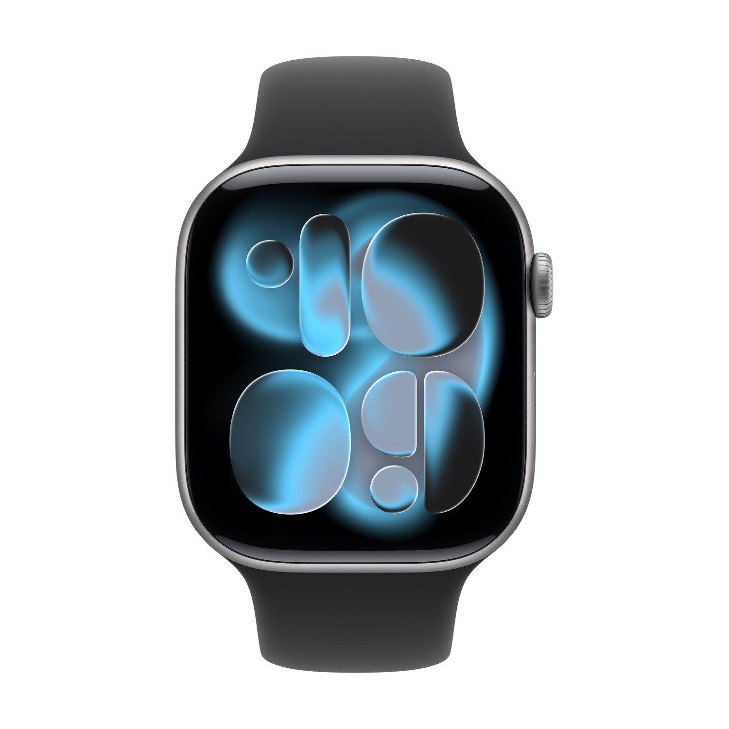 Uno smartwatch con cinturino nero e cornice argentata. Il quadrante mostra forme astratte blu e nere.