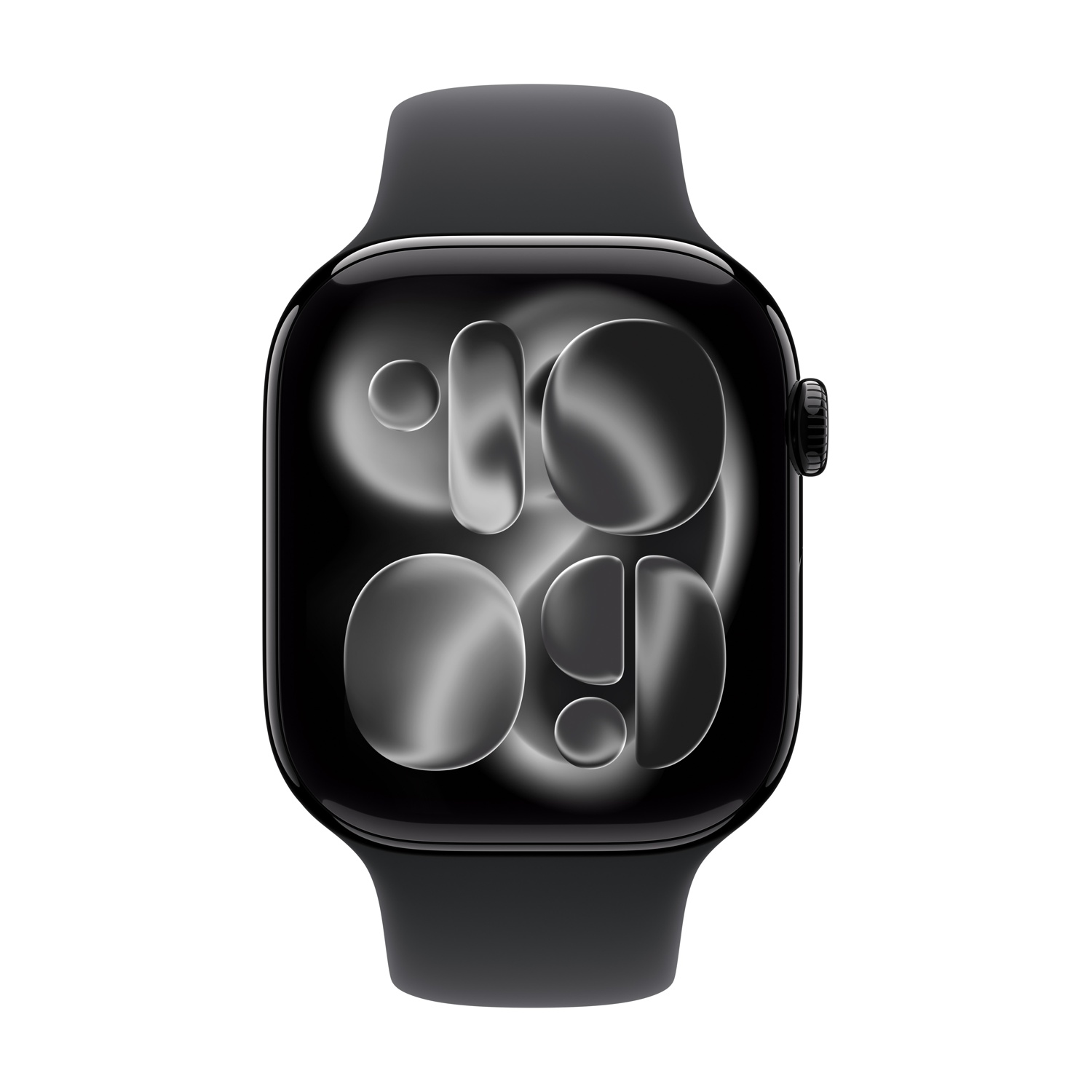 Uno smartwatch nero con cinturino nero è centrato. Il quadrante mostra un design sfumato con forme bianche.