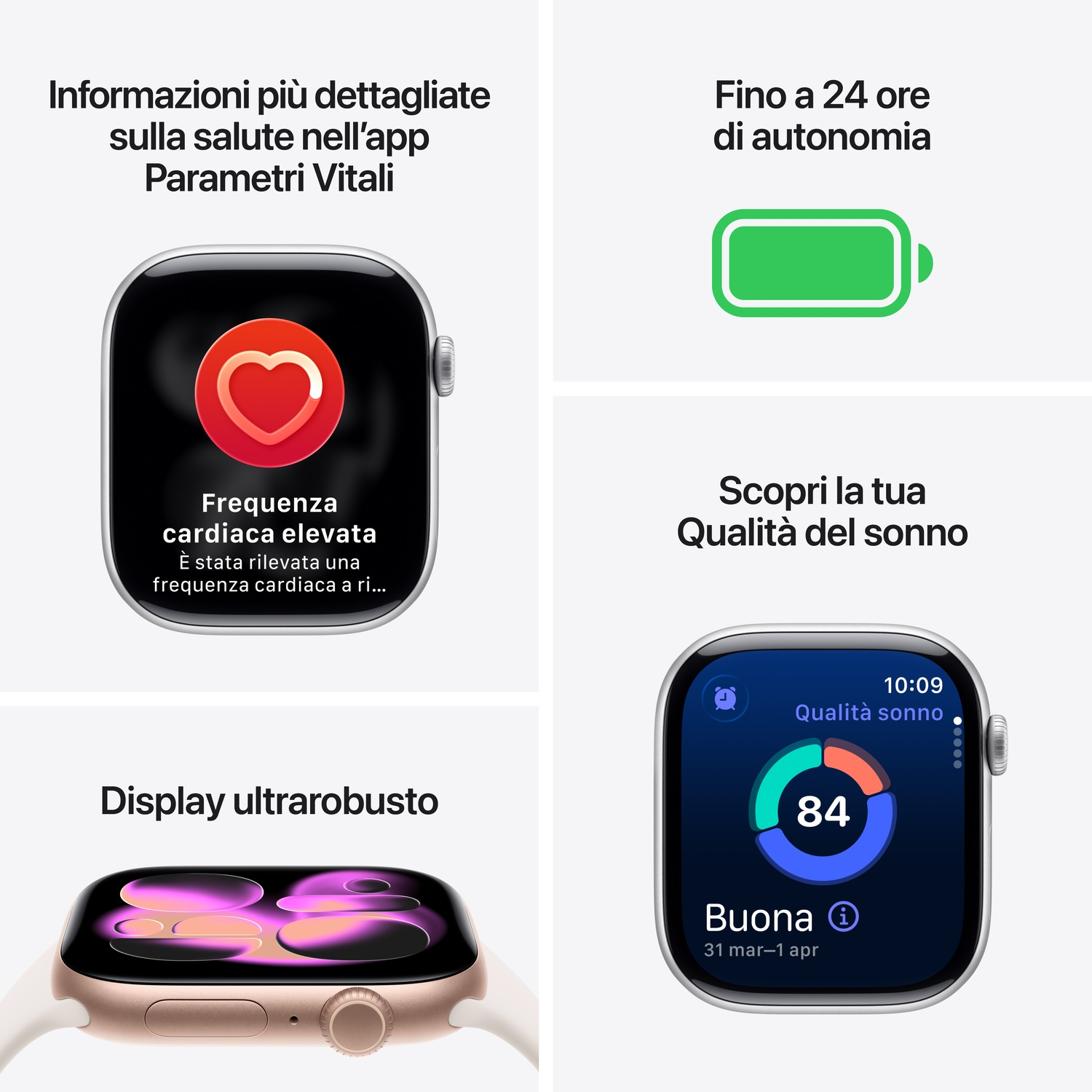 Un Apple Watch mostra dati sanitari: frequenza cardiaca, batteria, qualità del sonno e display robusto. Testo: 'Parametri sanitari' e 'qualità del sonno'.