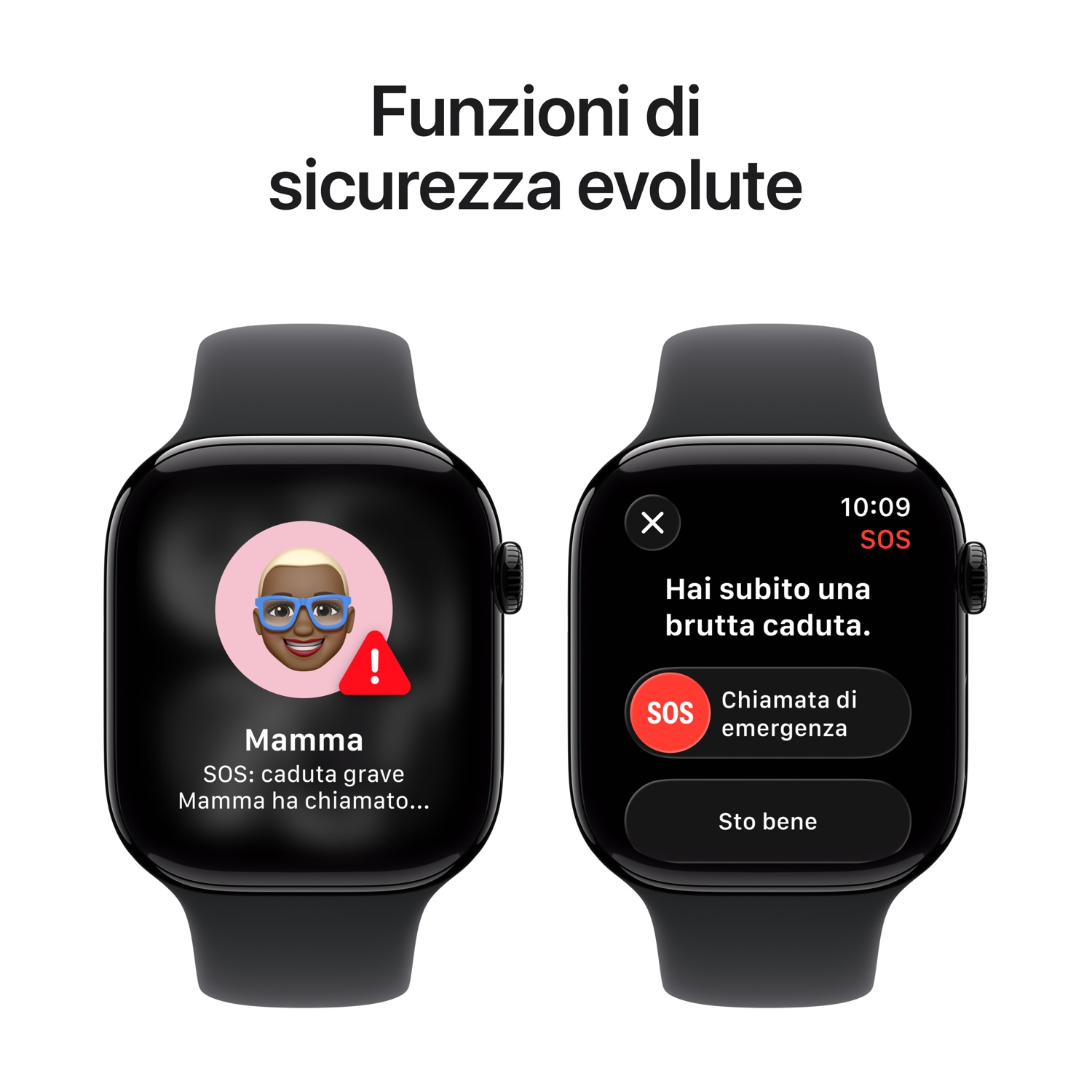 Due smartwatch mostrano avvisi di emergenza. Uno mostra 'Mamma' e SOS, l'altro chiede se l'utente è caduto, con opzioni di emergenza.