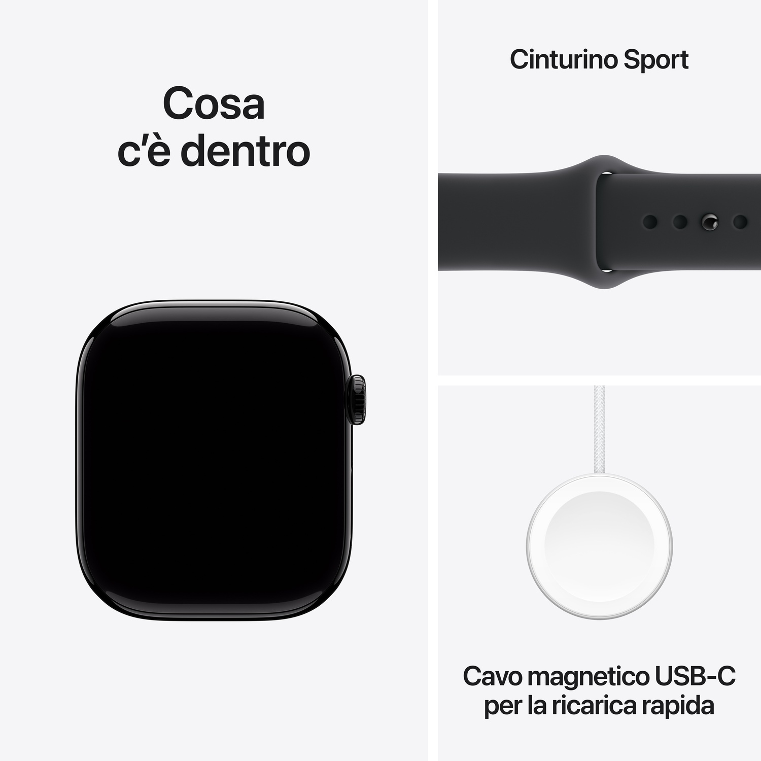 Un Apple Watch con schermo nero, cinturino sport grigio e cavo di ricarica magnetico USB-C su sfondo bianco.