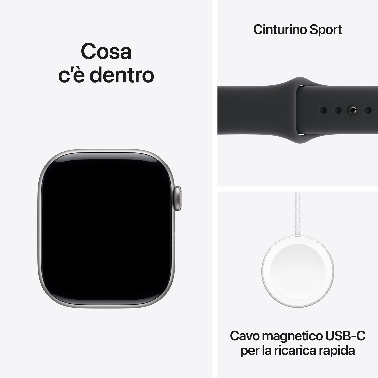 Un Apple Watch, un cinturino sport nero e un cavo di ricarica magnetico USB-C sono mostrati su sfondo bianco.
