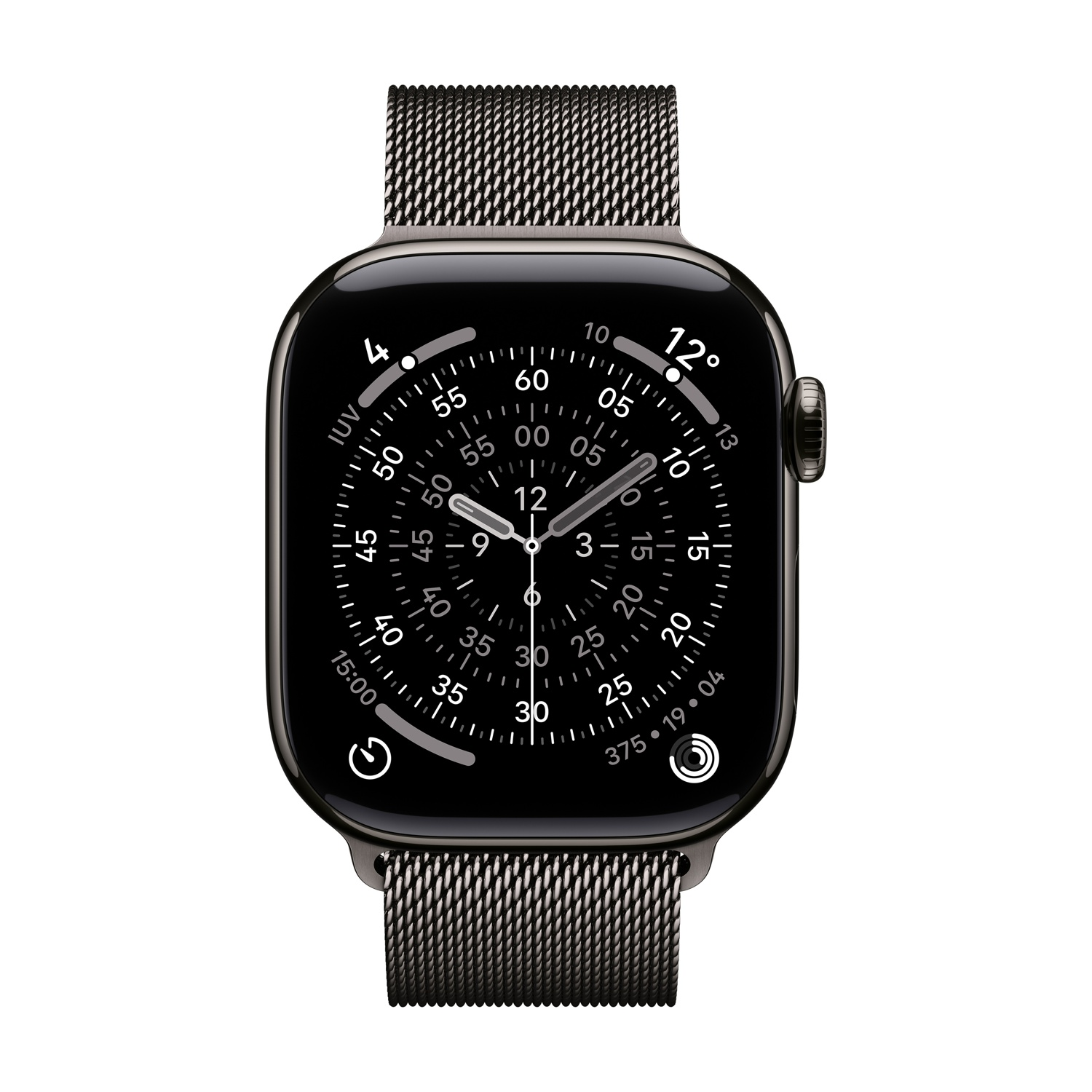 Un Apple Watch nero con un cinturino a maglie mostra l'ora. Il quadrante mostra i numeri e le lancette. Lo sfondo è bianco.