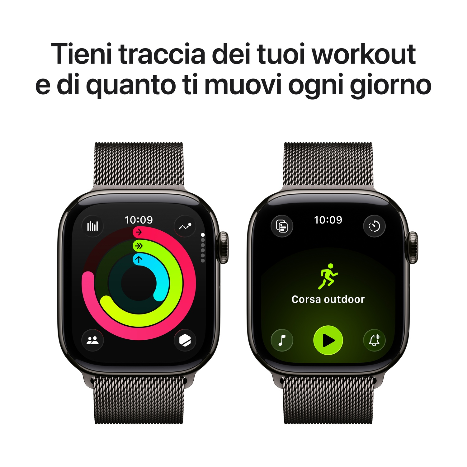 Due smartwatch mostrano i dati degli allenamenti e le informazioni sulla corsa all'aperto. Il testo sopra: Tieni traccia dei tuoi allenamenti e dei movimenti quotidiani.