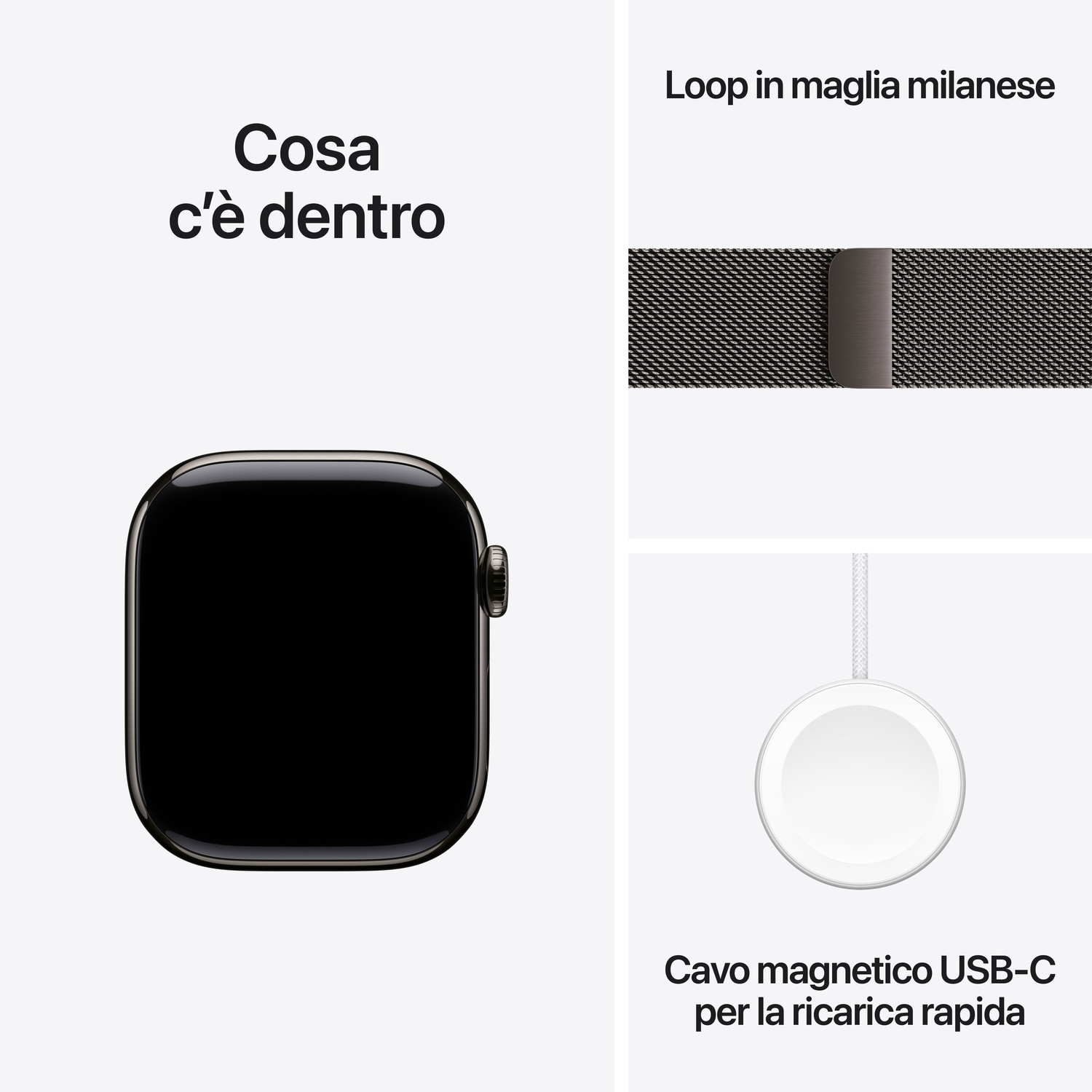 L'immagine mostra un Apple Watch, un cinturino a maglia milanese e un cavo di ricarica magnetico USB-C. Il testo dice 'Cosa c'è dentro?'