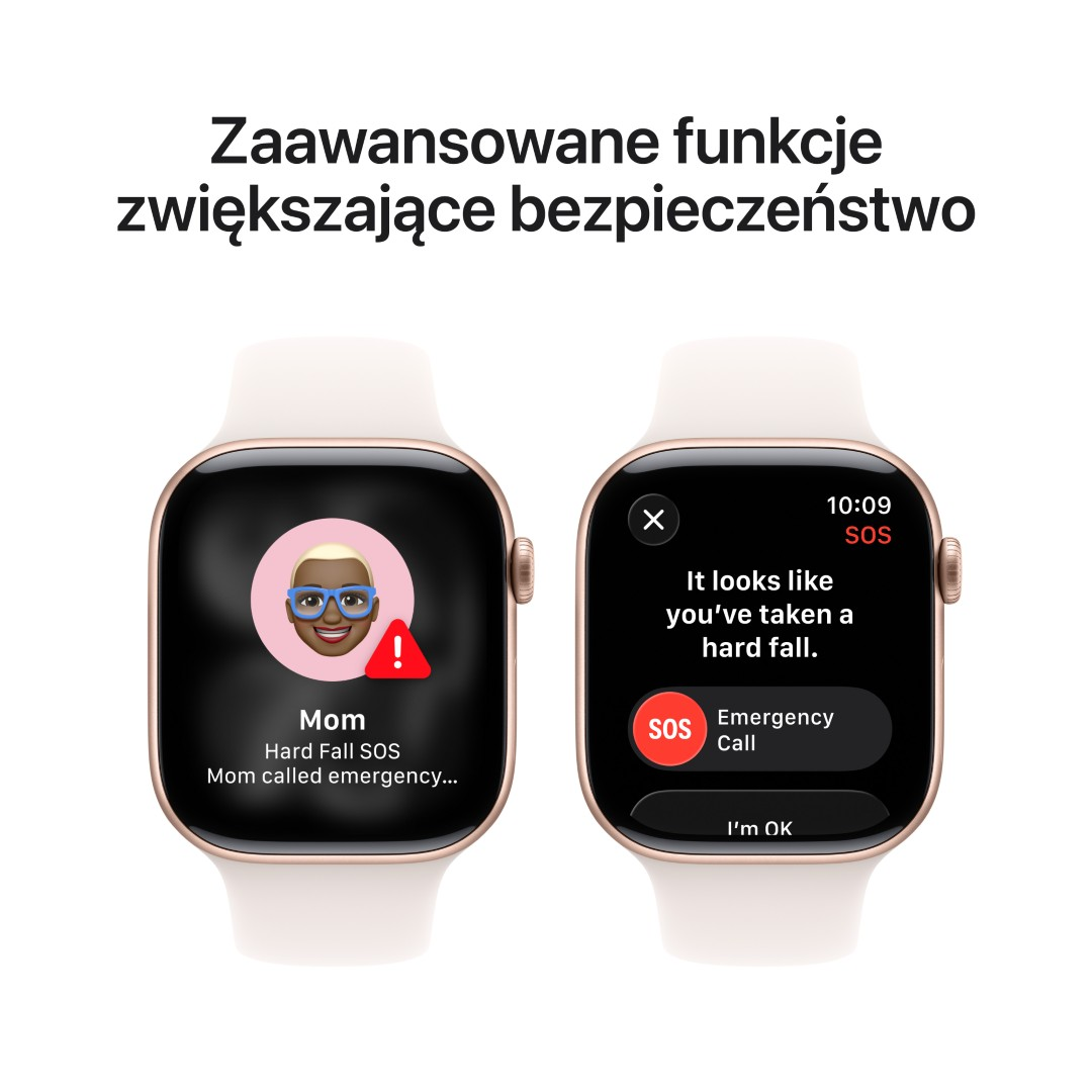 Dwa Apple Watche. Jeden pokazuje alarm SOS, drugi alarm wykrywania upadku z połączeniem do Mamy. Tekst mówi o zaawansowanych funkcjach bezpieczeństwa.
