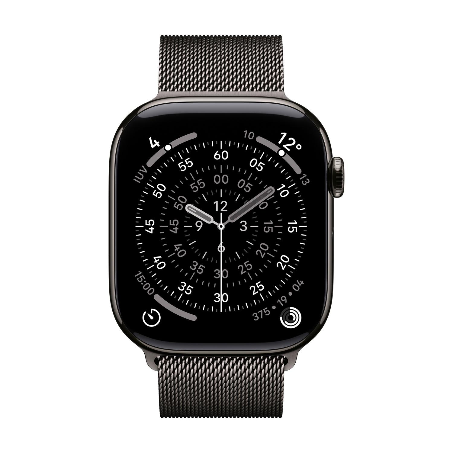 Un Apple Watch nero con cinturino a maglia mostra l'ora. Il quadrante mostra numeri e lancette. Lo sfondo è bianco.