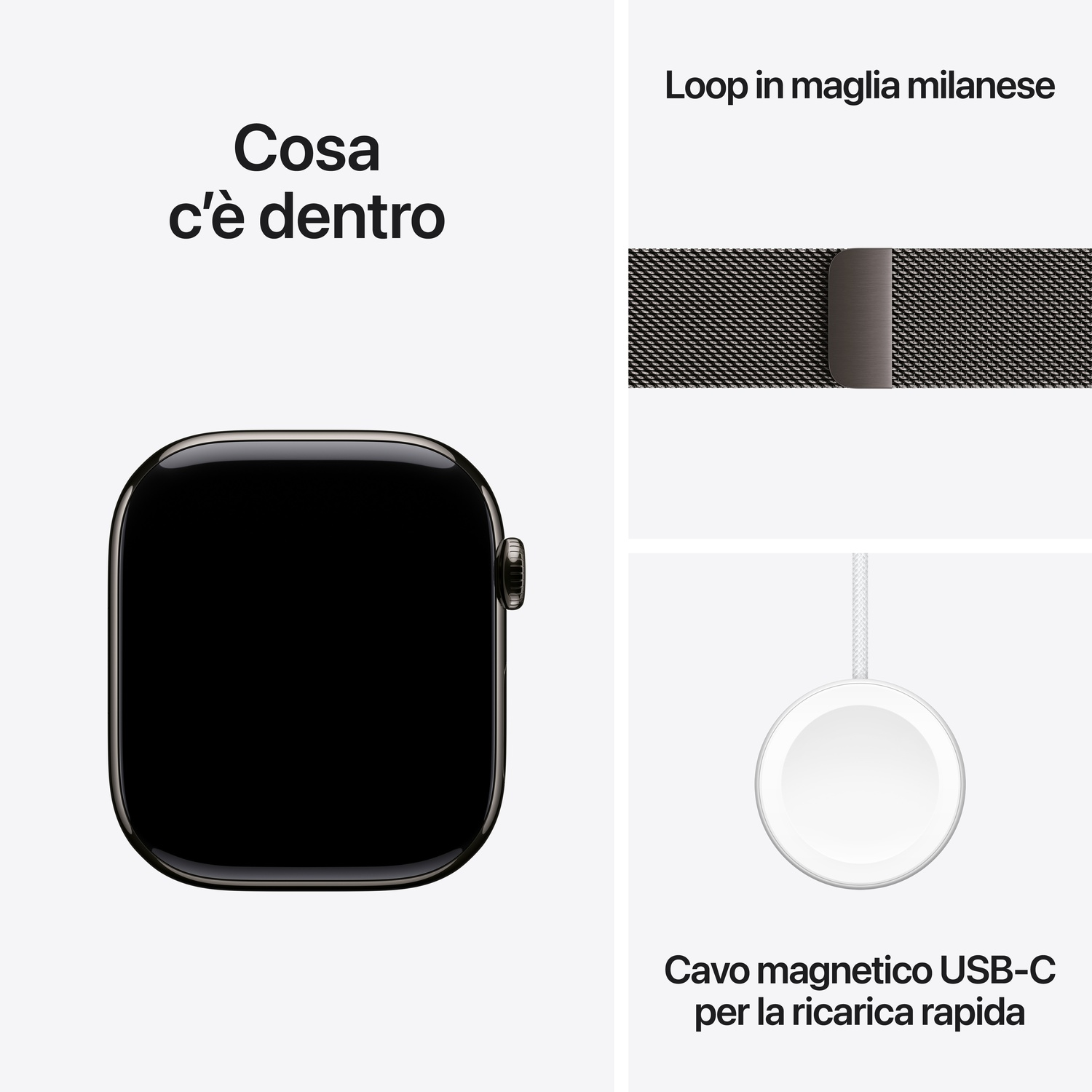 L'immagine mostra Apple Watch con cinturino Milanese, cavo di ricarica e testo in italiano. L'orologio è nero, il cinturino grigio scuro.