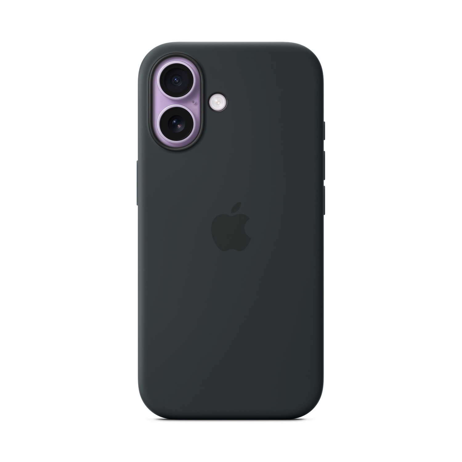Custodia per telefono verde scuro con lenti della fotocamera e logo Apple. La custodia ha i pulsanti del volume.