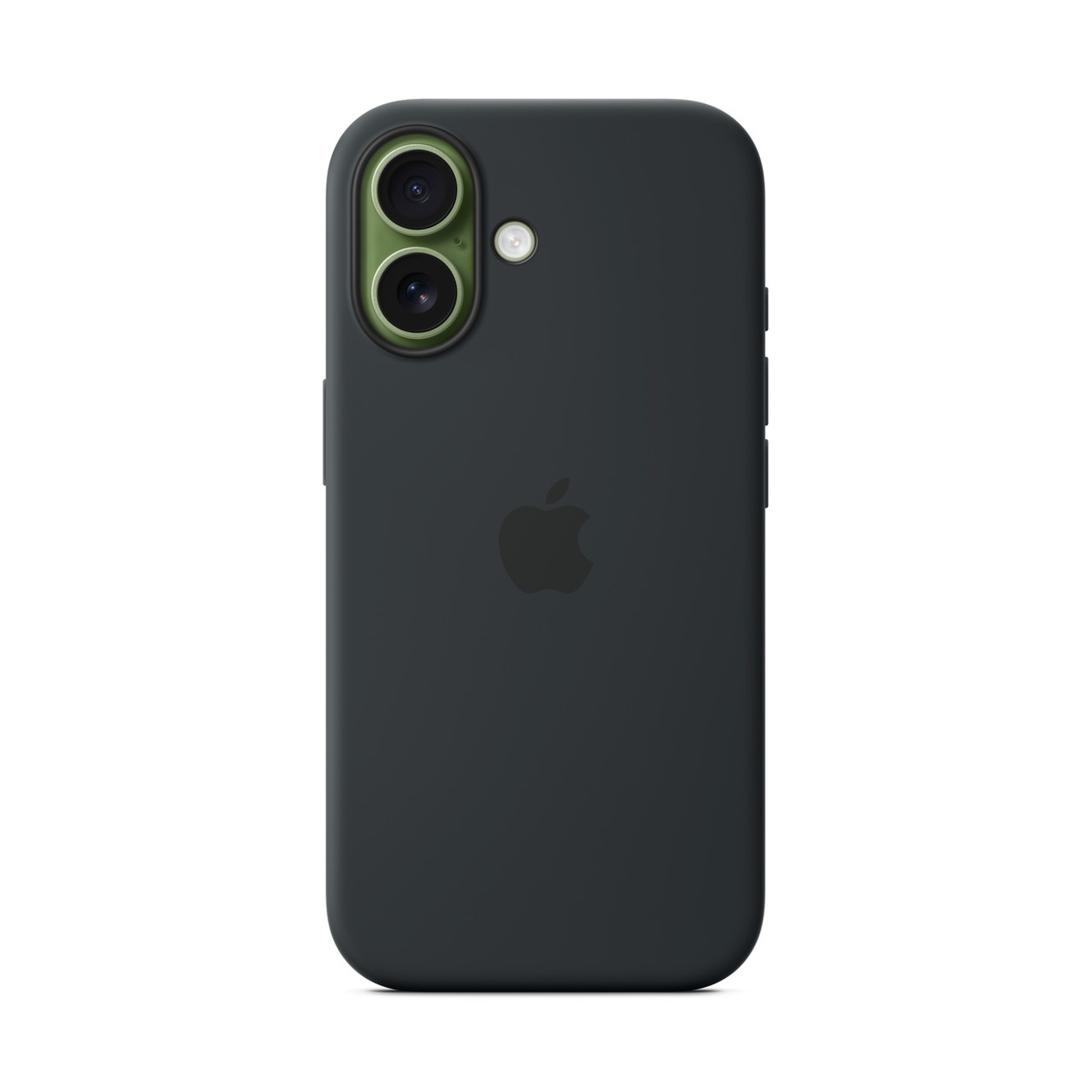Una custodia per telefono grigio scuro con il logo Apple. La custodia ha un ritaglio per la fotocamera con lenti verdi e un flash.