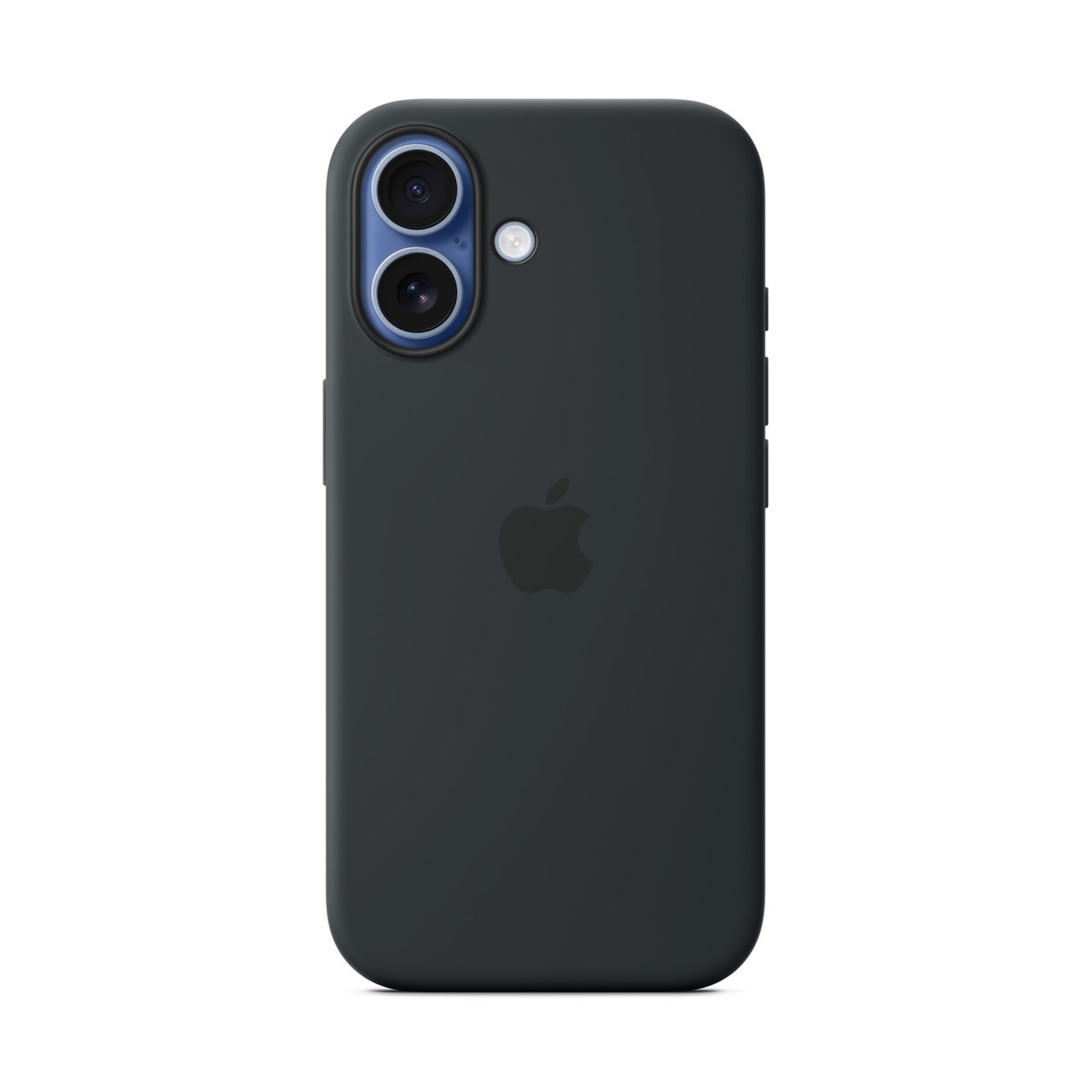 Una custodia per iPhone grigio scuro. Ha una fotocamera a doppia lente e un logo Apple. Lo sfondo è bianco.