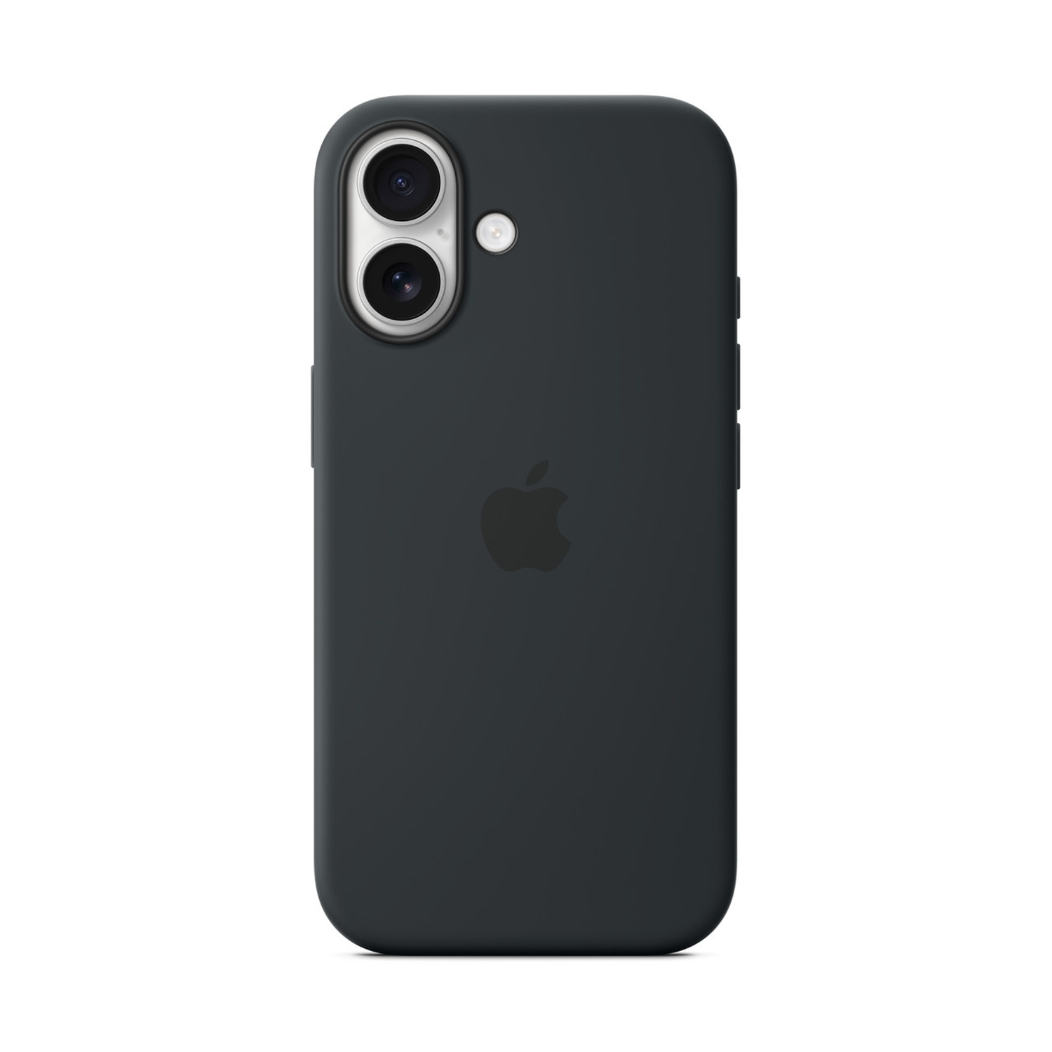 Custodia per telefono verde scuro con logo Apple. Doppia fotocamera e flash in alto. Tasti del volume laterali.