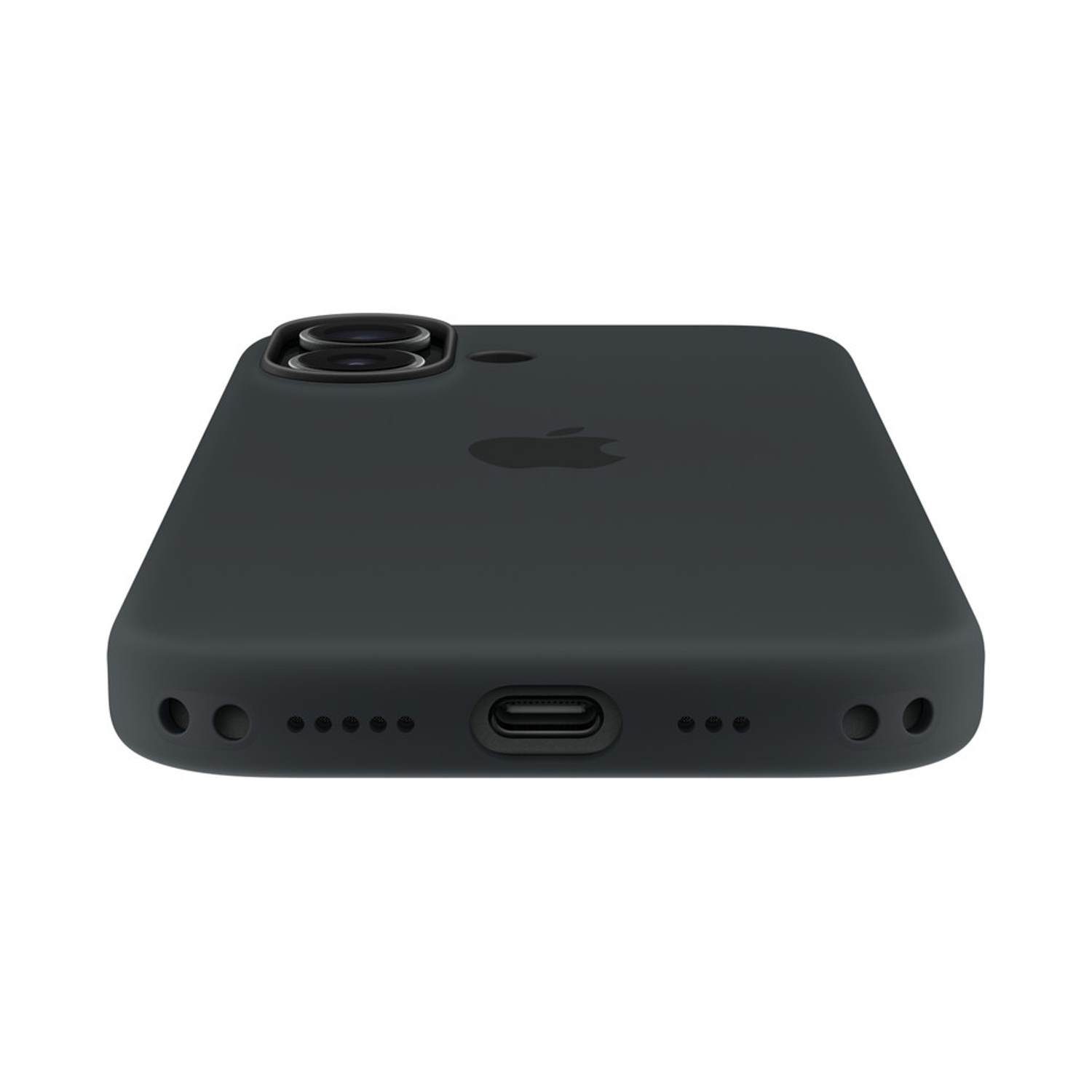 Una custodia nera per telefono è mostrata da un'angolazione bassa. Il logo Apple è visibile. Sono presenti le lenti della fotocamera e la porta di ricarica.
