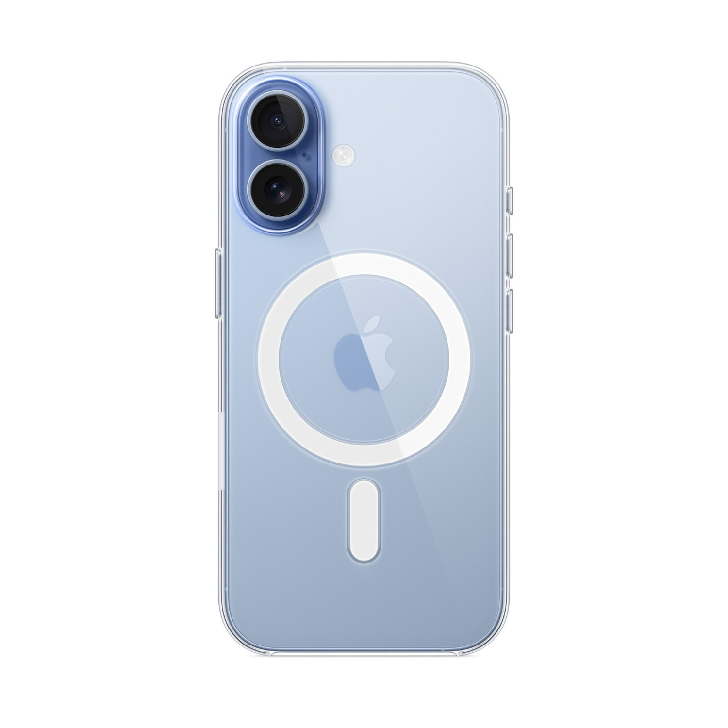Una custodia trasparente per telefono su un telefono azzurro. La custodia ha un ritaglio per la fotocamera, un cerchio MagSafe bianco e un logo Apple.