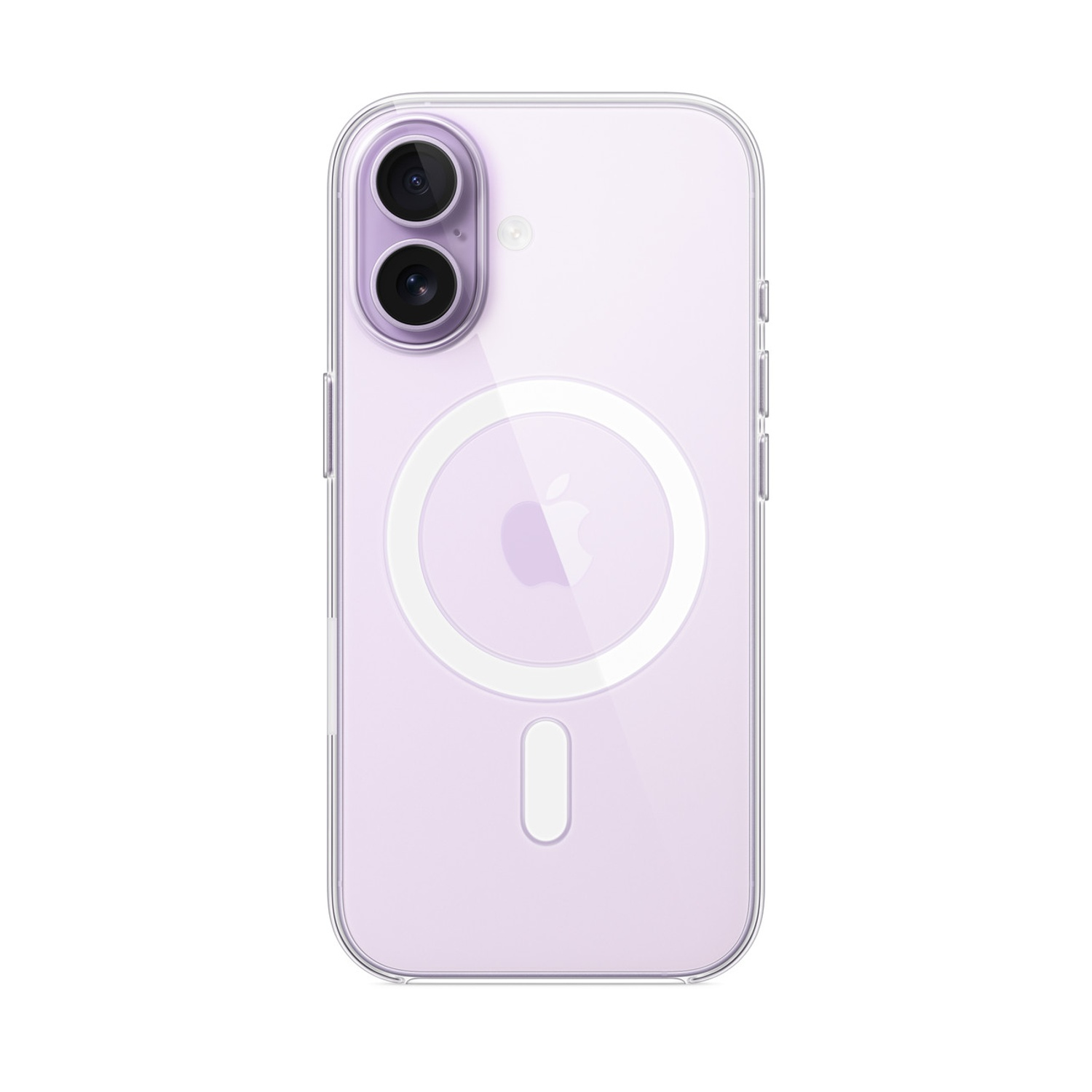 Una custodia trasparente per telefono su un iPhone viola. La custodia ha un anello MagSafe e un rettangolo bianco in basso. Doppia fotocamera visibile.
