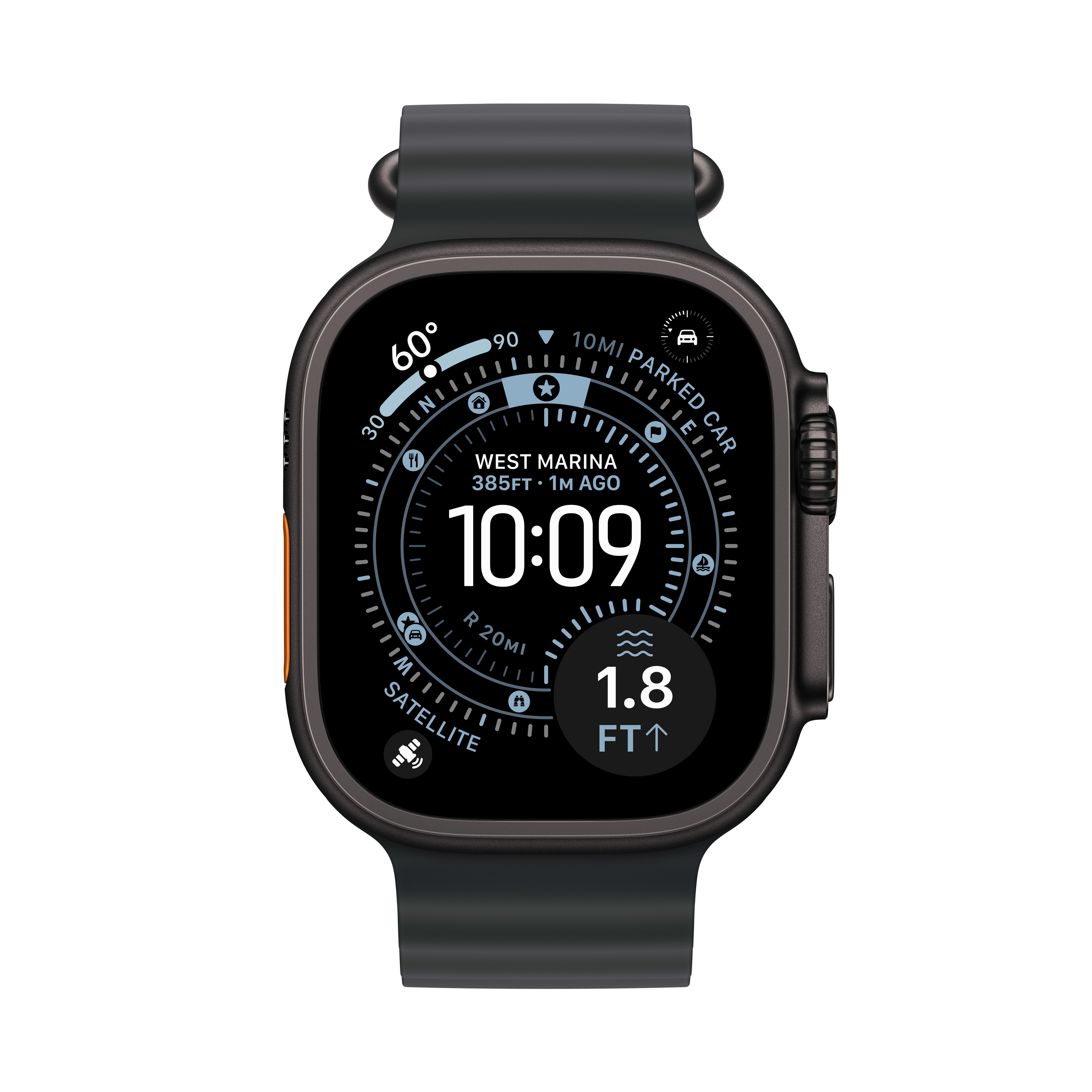 Une montre intelligente noire affiche l'heure, l'emplacement et d'autres données. Elle a un bracelet gris foncé et un écran noir avec des chiffres blancs.