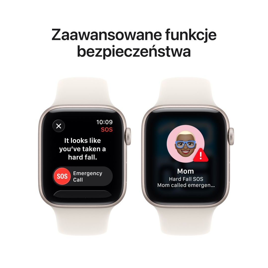Dwa Apple Watch pokazują funkcje SOS. Jeden wykrywa upadek, drugi dzwoni do mamy. Tekst: 'Połączenie alarmowe'.