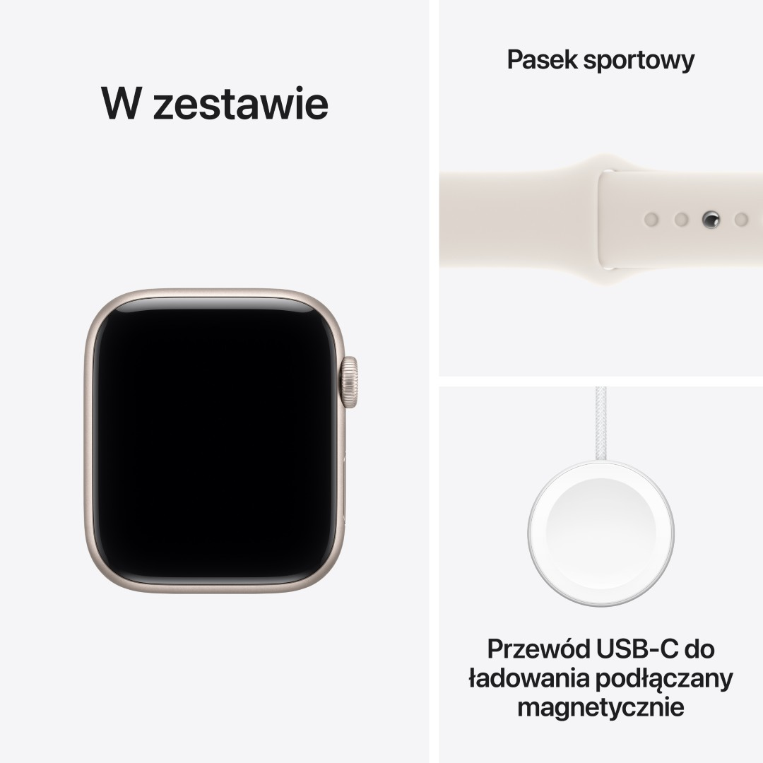 Apple Watch, kremowy pasek sportowy i magnetyczny kabel ładujący na białym tle. Tekst po polsku.