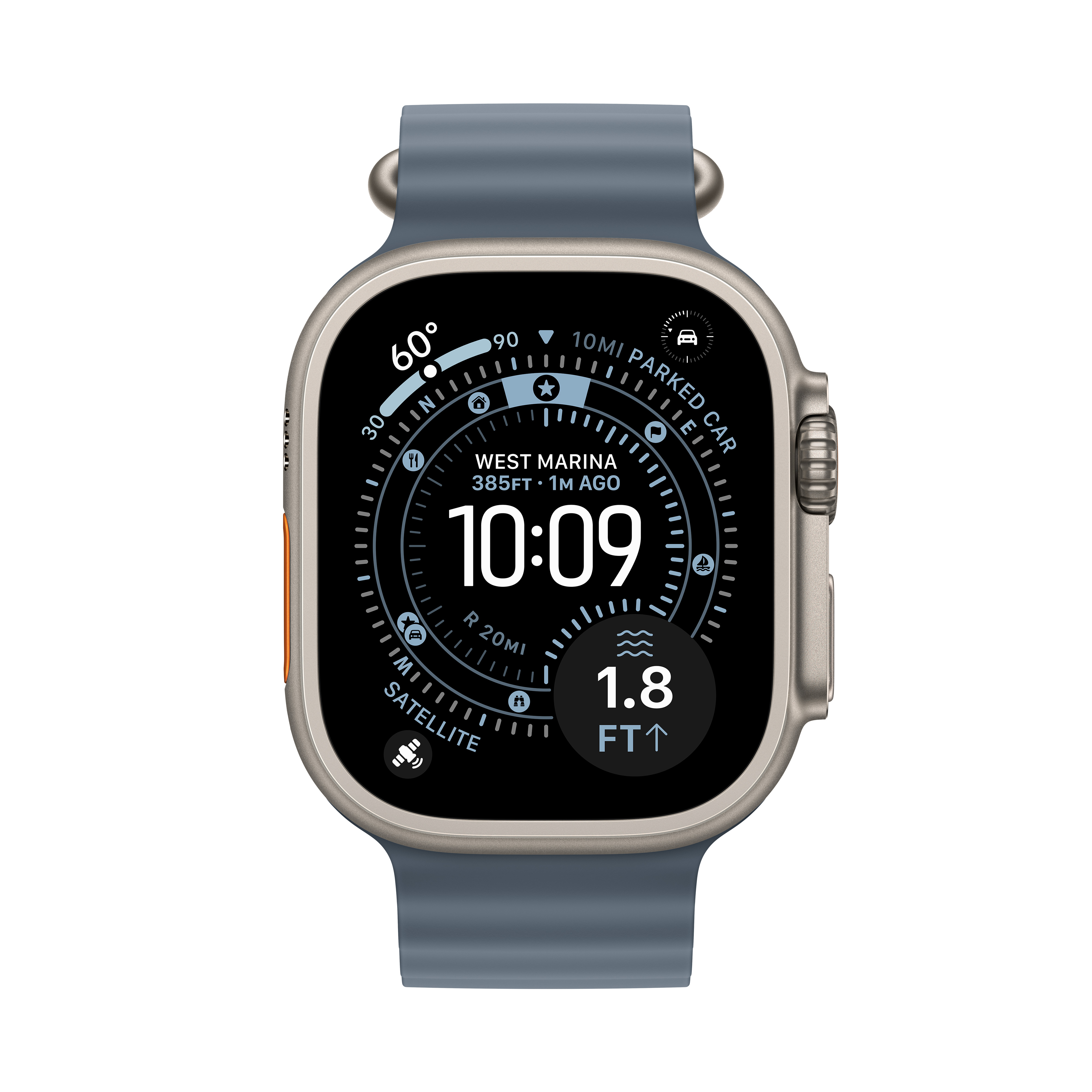 Une montre connectée avec bracelet bleu affiche l'heure, l'emplacement et d'autres données. La montre est argentée avec un bouton latéral orange.