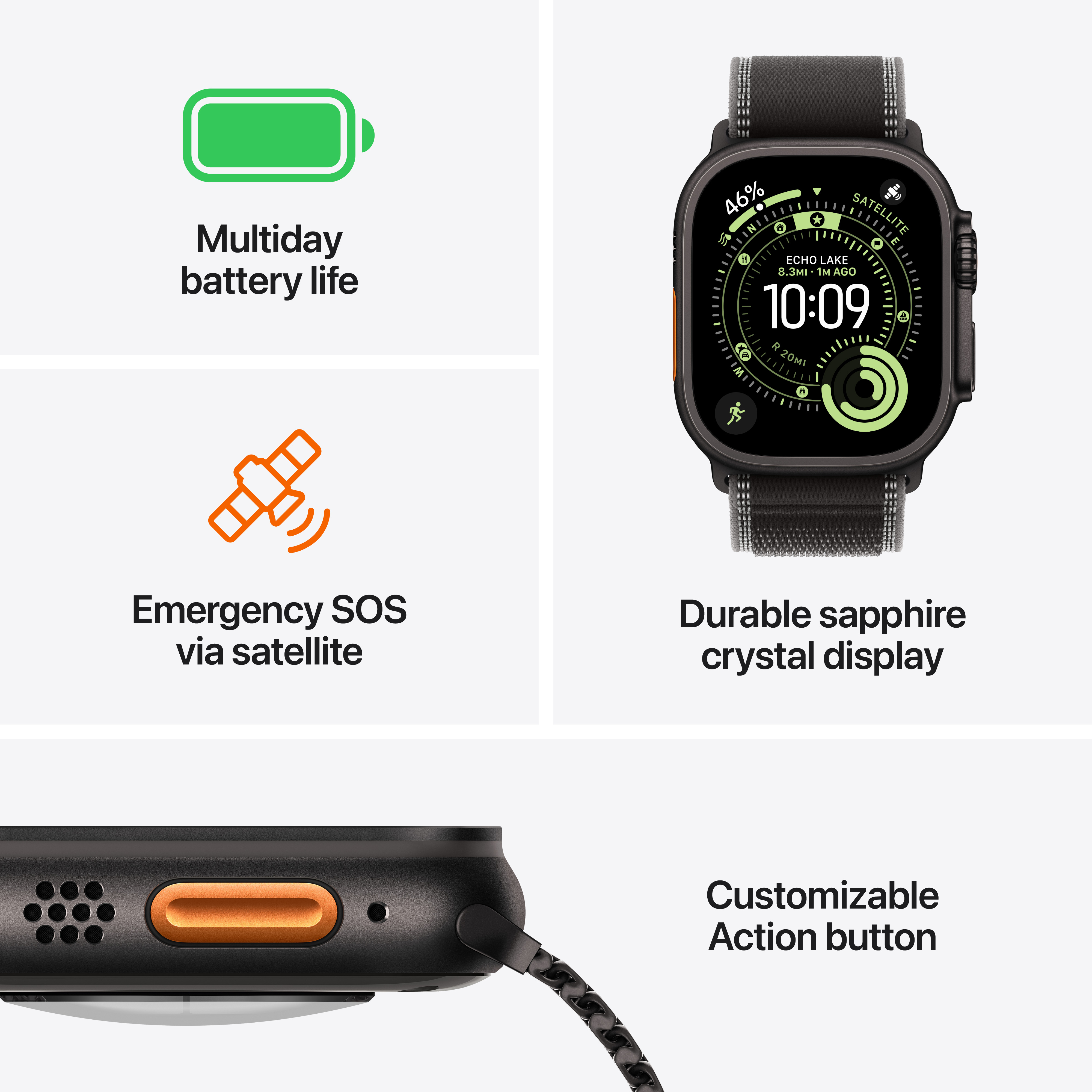 Une Apple Watch affiche l'heure et la durée de vie de la batterie. Caractéristiques : SOS par satellite, écran saphir.