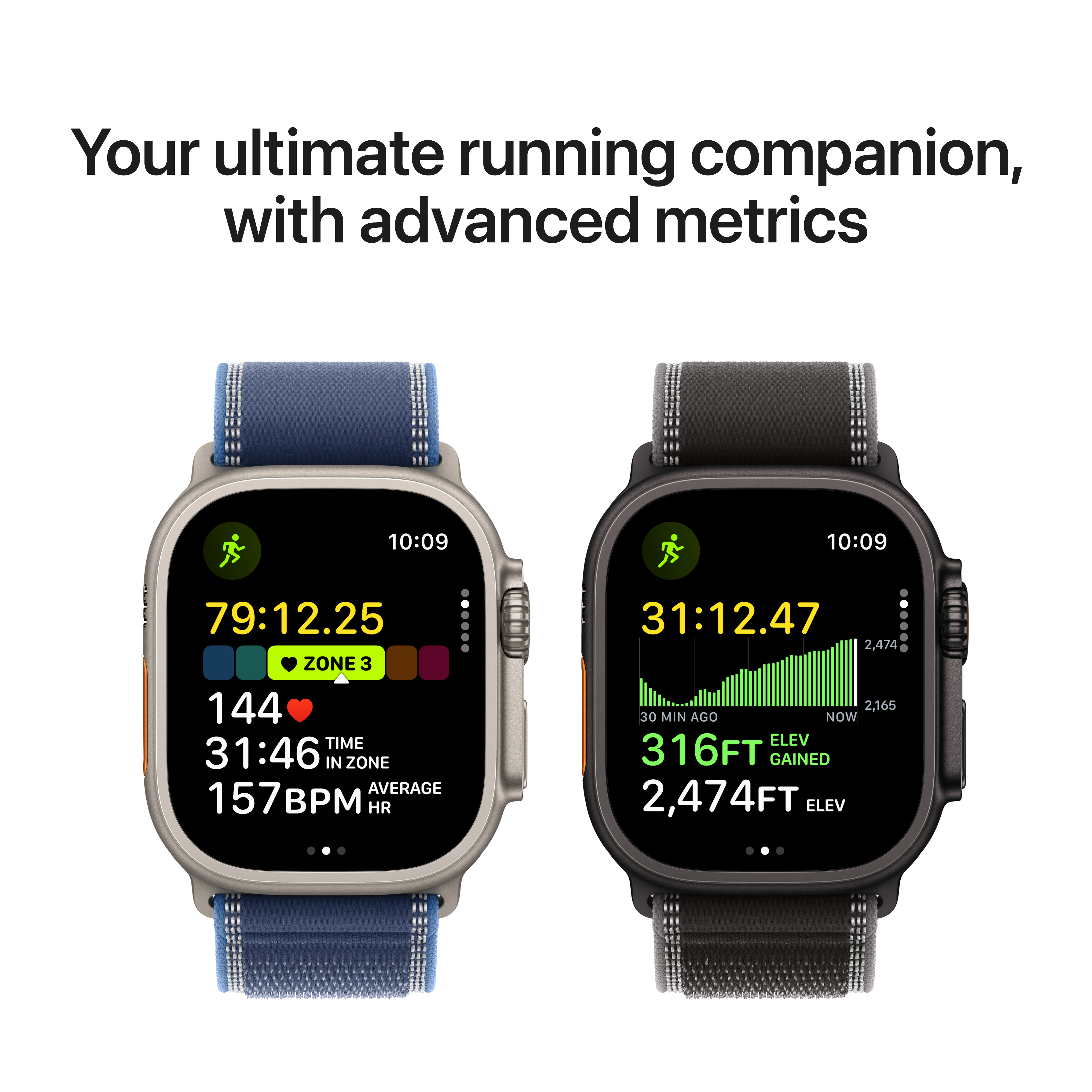 Deux montres connectées avec des métriques de course. L'une a un bracelet bleu, l'autre noir. Les deux affichent des données.