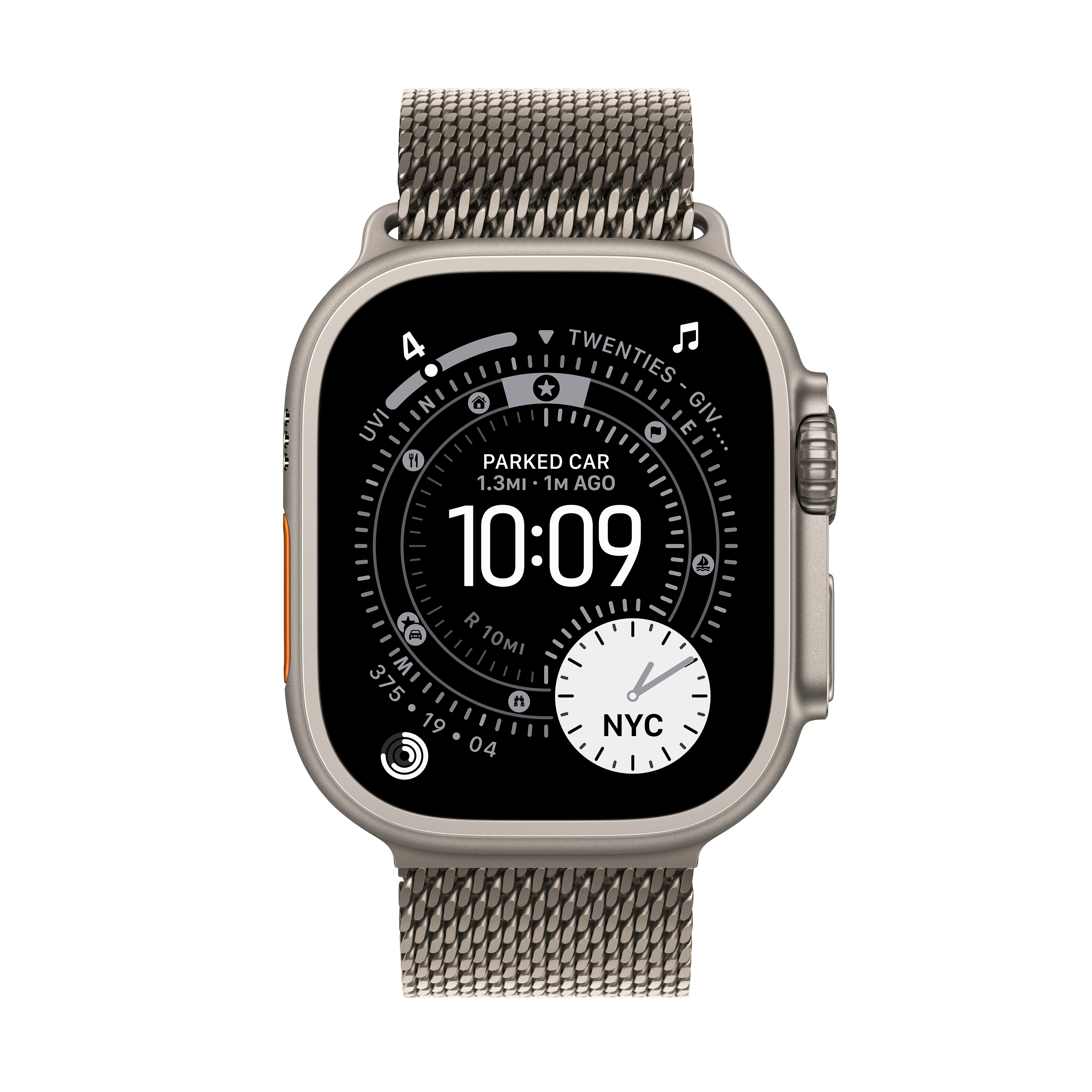 Eine silberne Apple Watch Ultra mit Mesh-Armband zeigt die Uhrzeit, 'PARKED CAR' und 'NYC'.