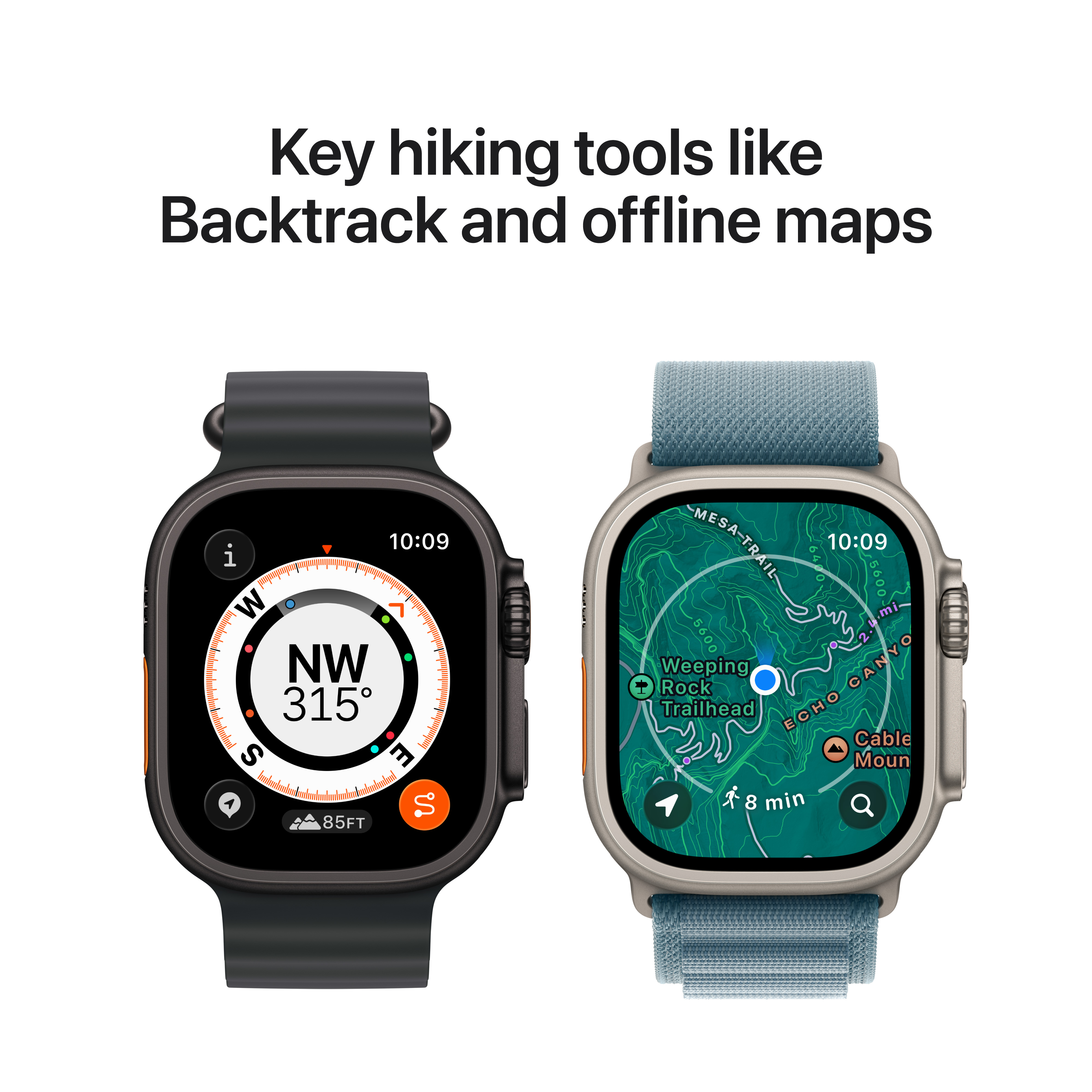 Deux montres intelligentes affichent la navigation et la boussole, avec texte: Key hiking tools like Backtrack and offline maps.