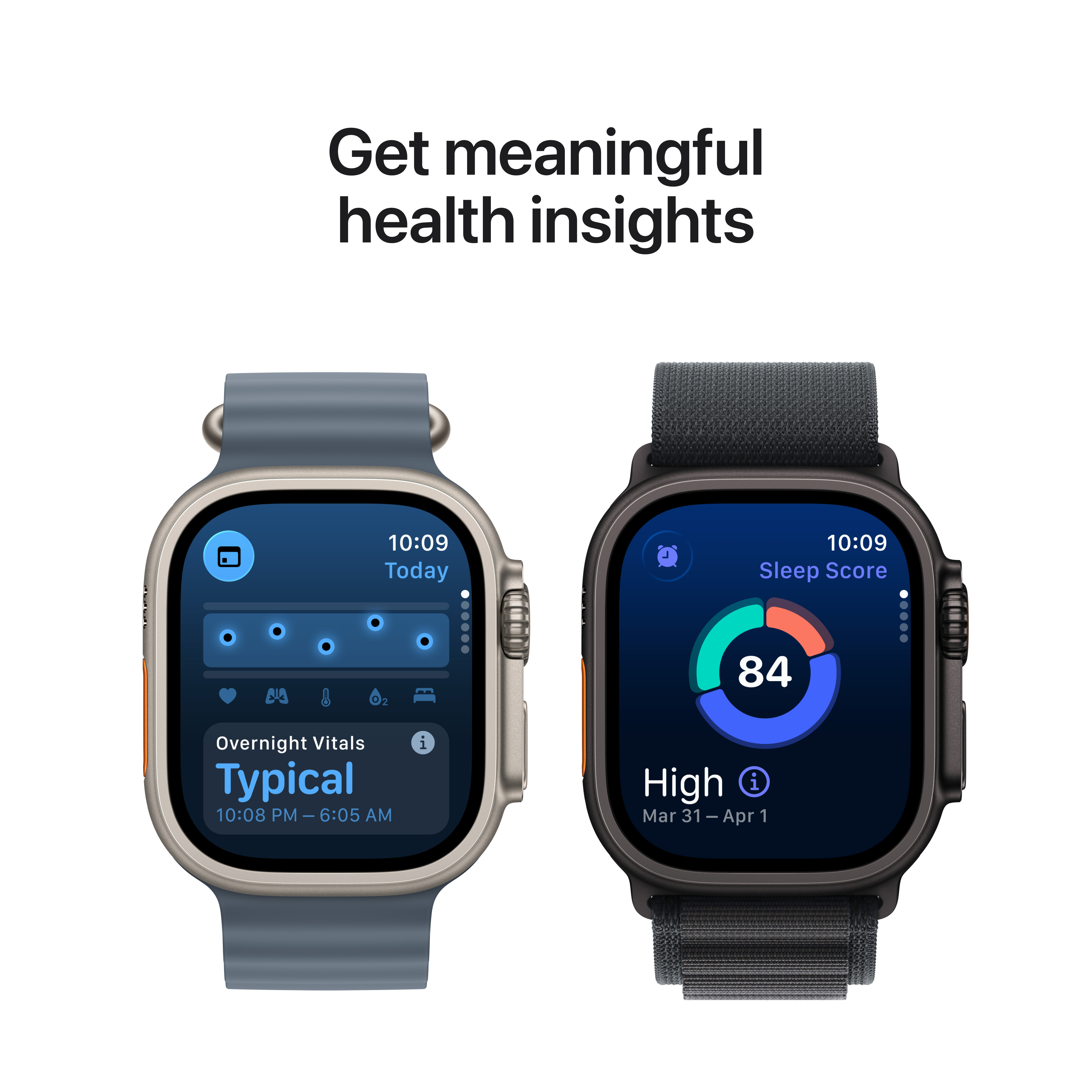 Deux montres intelligentes affichent des données de santé. L'une affiche le score de sommeil, l'autre les signes vitaux nocturnes.