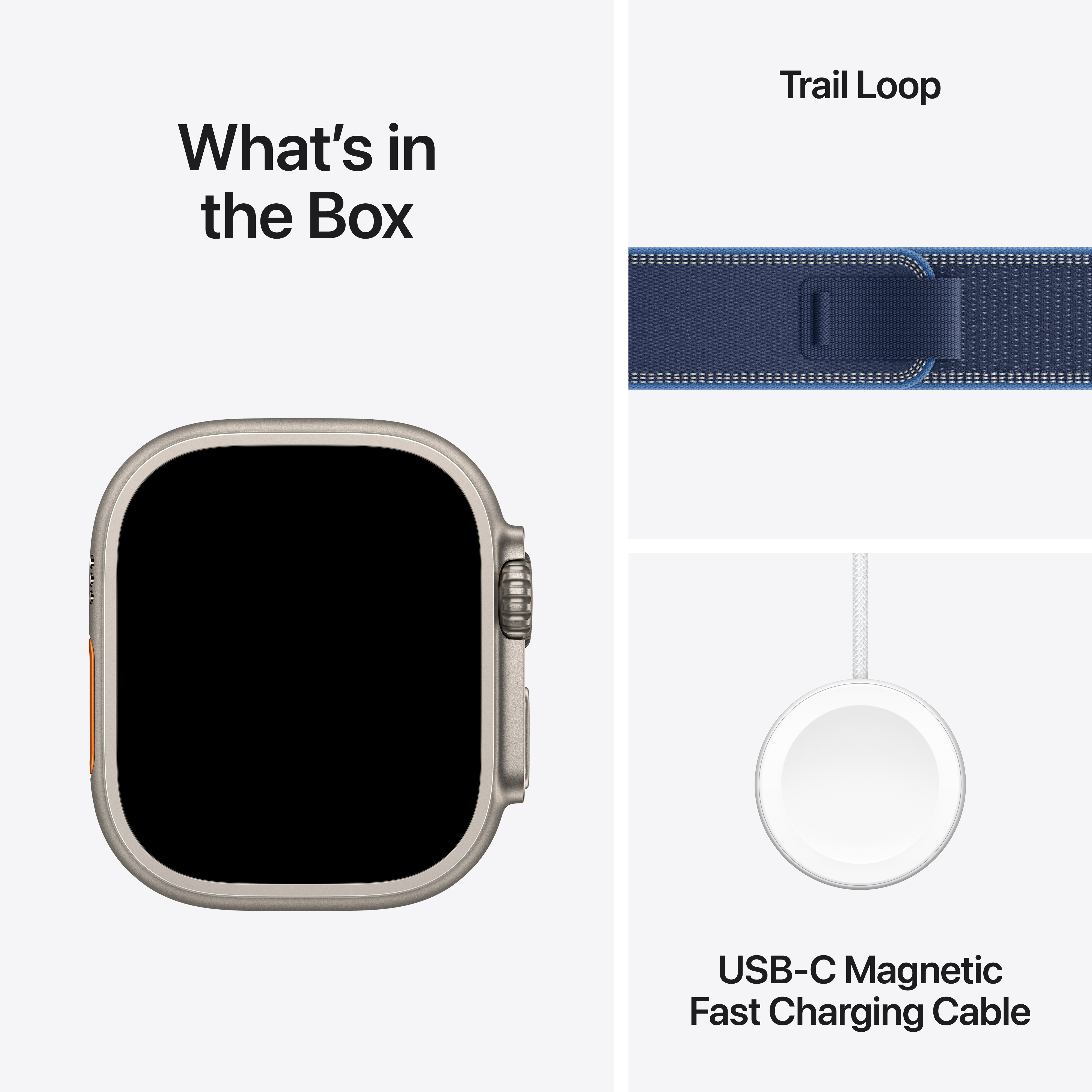 L'image montre une Apple Watch, un bracelet Trail Loop et un câble de chargement. Le texte indique 'Qu'y a-t-il dans la boîte'.