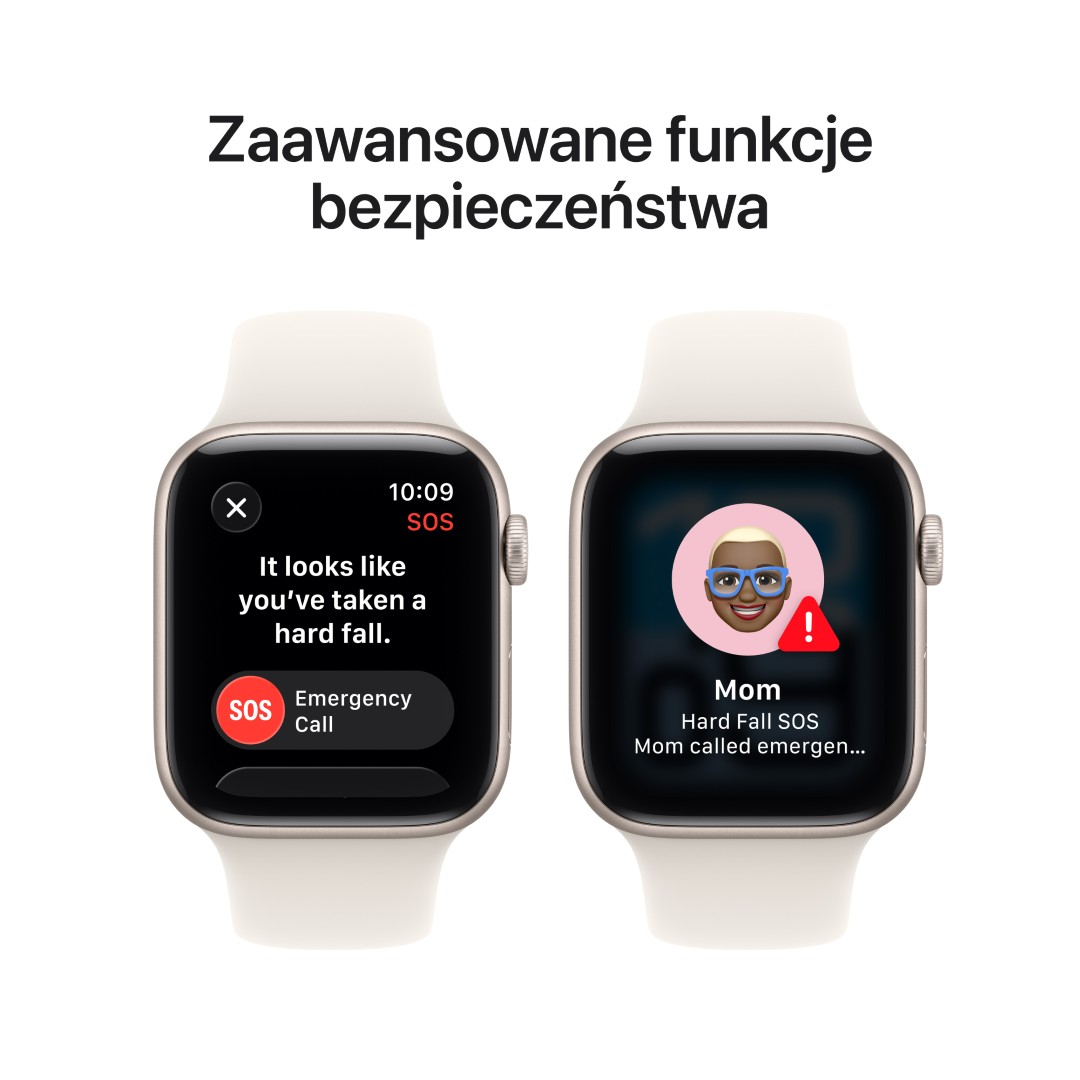 Dwa smartwatche pokazujące funkcje alarmowe. Jeden pokazuje alert upadku, drugi dzwoni do Mamy. Białe paski, czarne ekrany.
