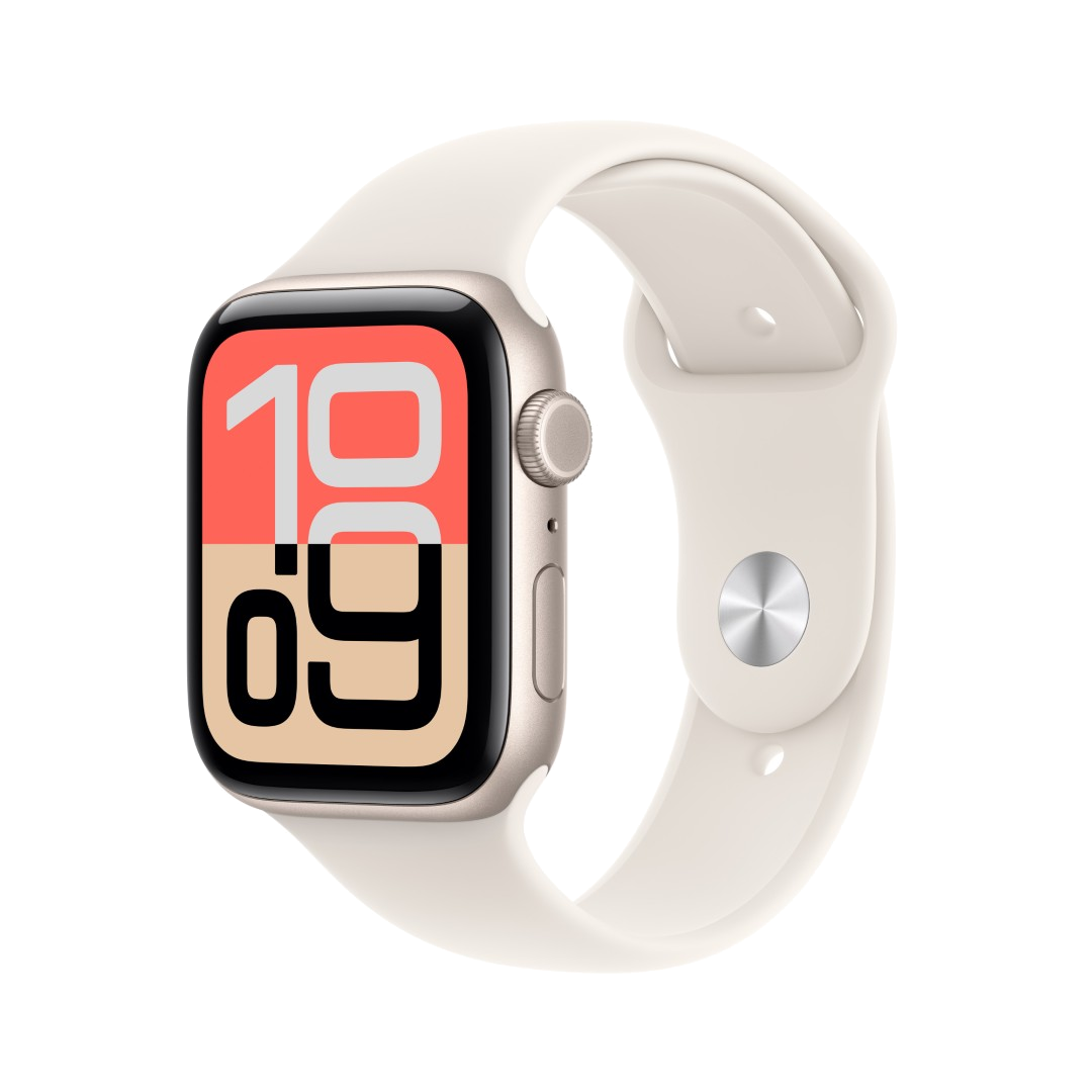 Apple Watch z kremowym paskiem wyświetla godzinę 10:09. Zegarek ma złotą ramkę i srebrny przycisk.