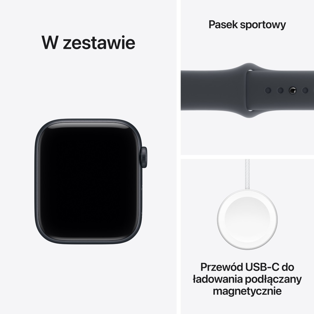 Apple Watch z czarnym ekranem i ciemnoszarym paskiem, plus kabel ładujący. Polski tekst wskazuje dołączone elementy.