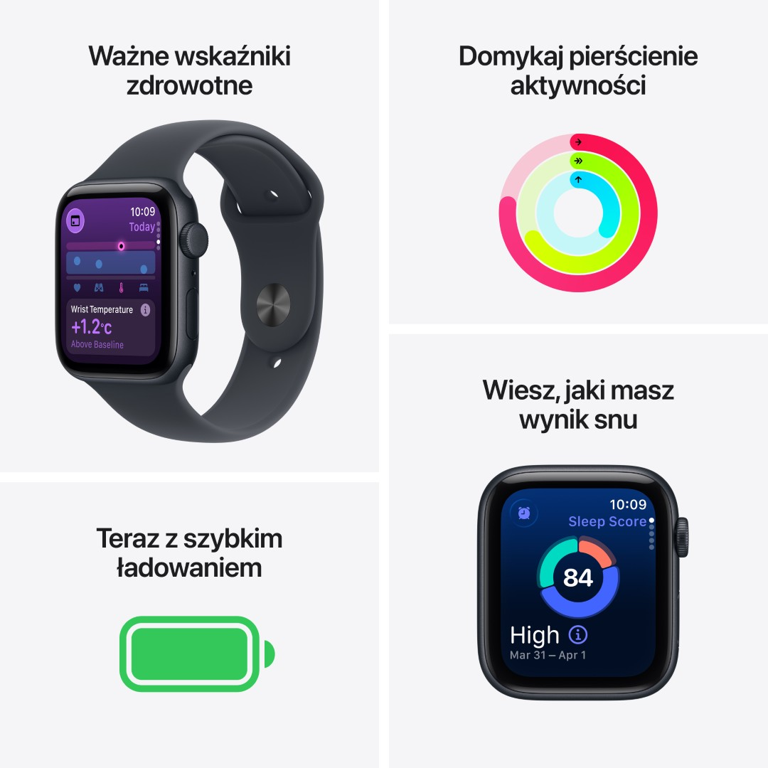 Apple Watch wyświetla wskaźniki zdrowia, pierścienie aktywności, wynik snu i ładowanie baterii. Zegarek jest ciemnoszary, z czarnym ekranem.