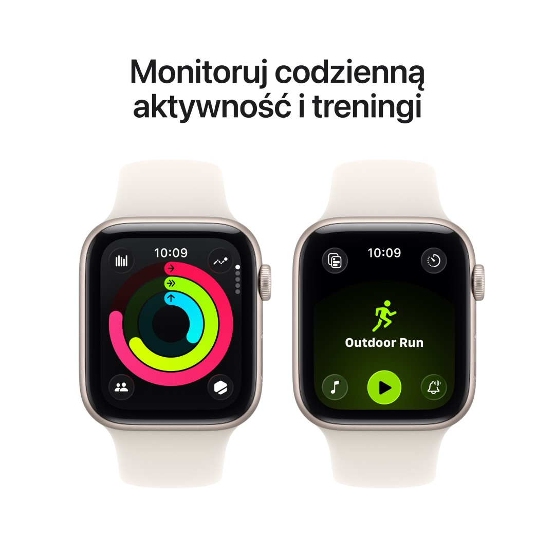 Dwa Apple Watch wyświetlają dane aktywności. Jeden pokazuje pierścienie aktywności, drugi bieg na zewnątrz. Paski w kolorze kremowym i srebrne koperty.