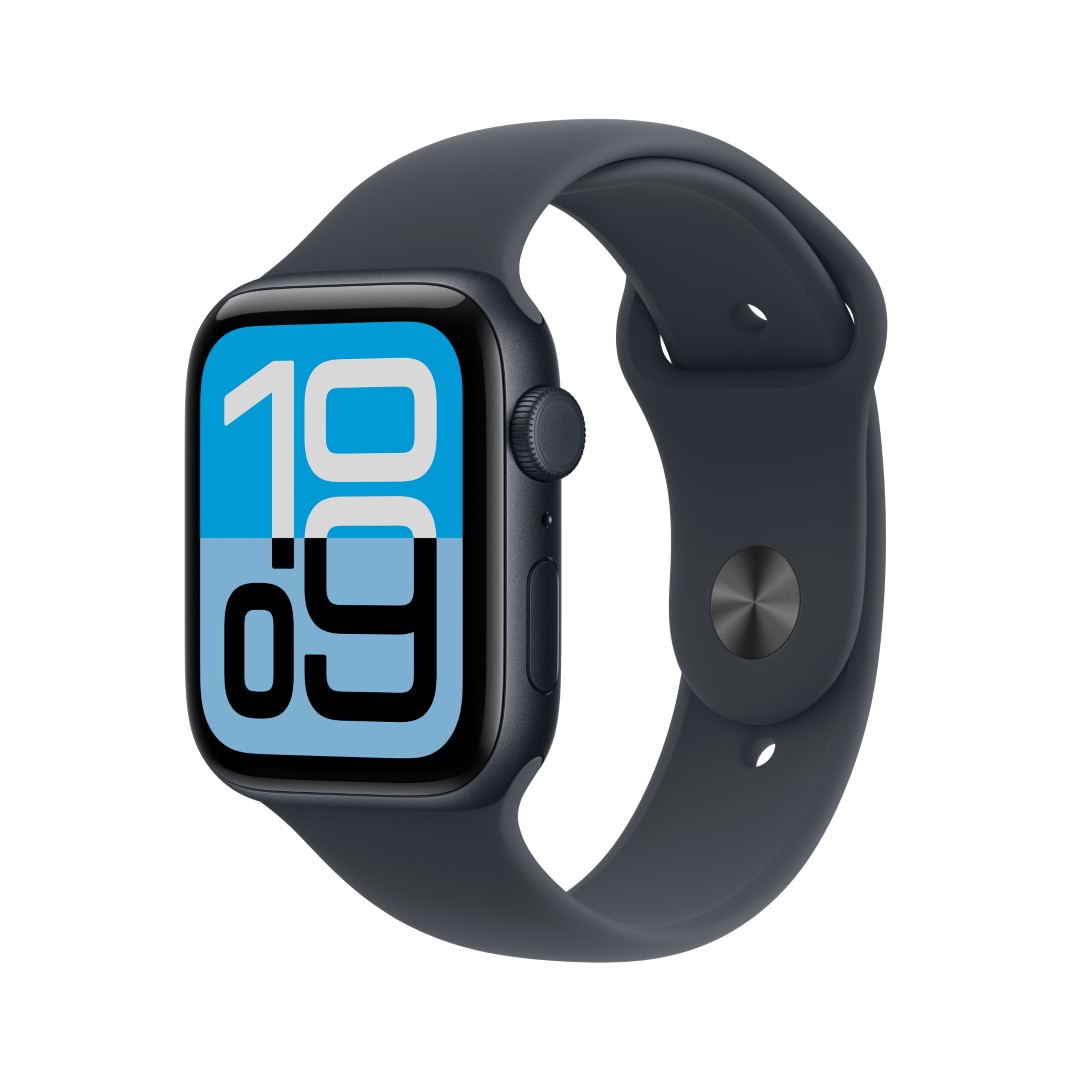 Ciemnoszary Apple Watch pokazuje godzinę 19:09. Zegarek ma ciemnoszary pasek i czarny ekran z niebieskim tłem.