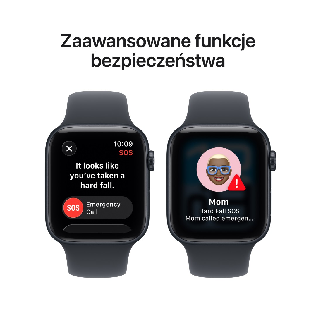 Dwa smartwatche wyświetlają powiadomienia o wykryciu upadku. Jeden mówi 'twardy upadek'. Drugi pokazuje kontakt i symbol alertu.