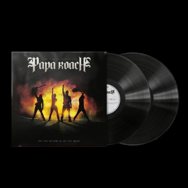 A Papa Roach 'Time for Annihilation' albumjának borítója két bakelitlemezzel. A borítón a zenekar tagjainak sziluettjei láthatók.