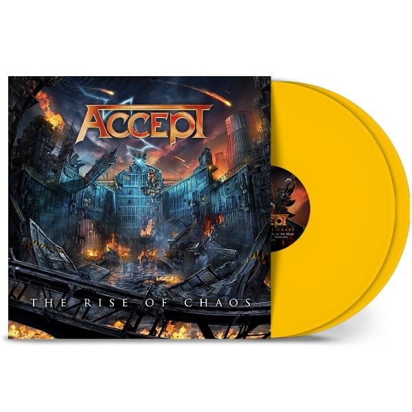 Album borítója apokaliptikus várossal és sárga bakelittel. A cím: 'The Rise of Chaos' az Accept-től.