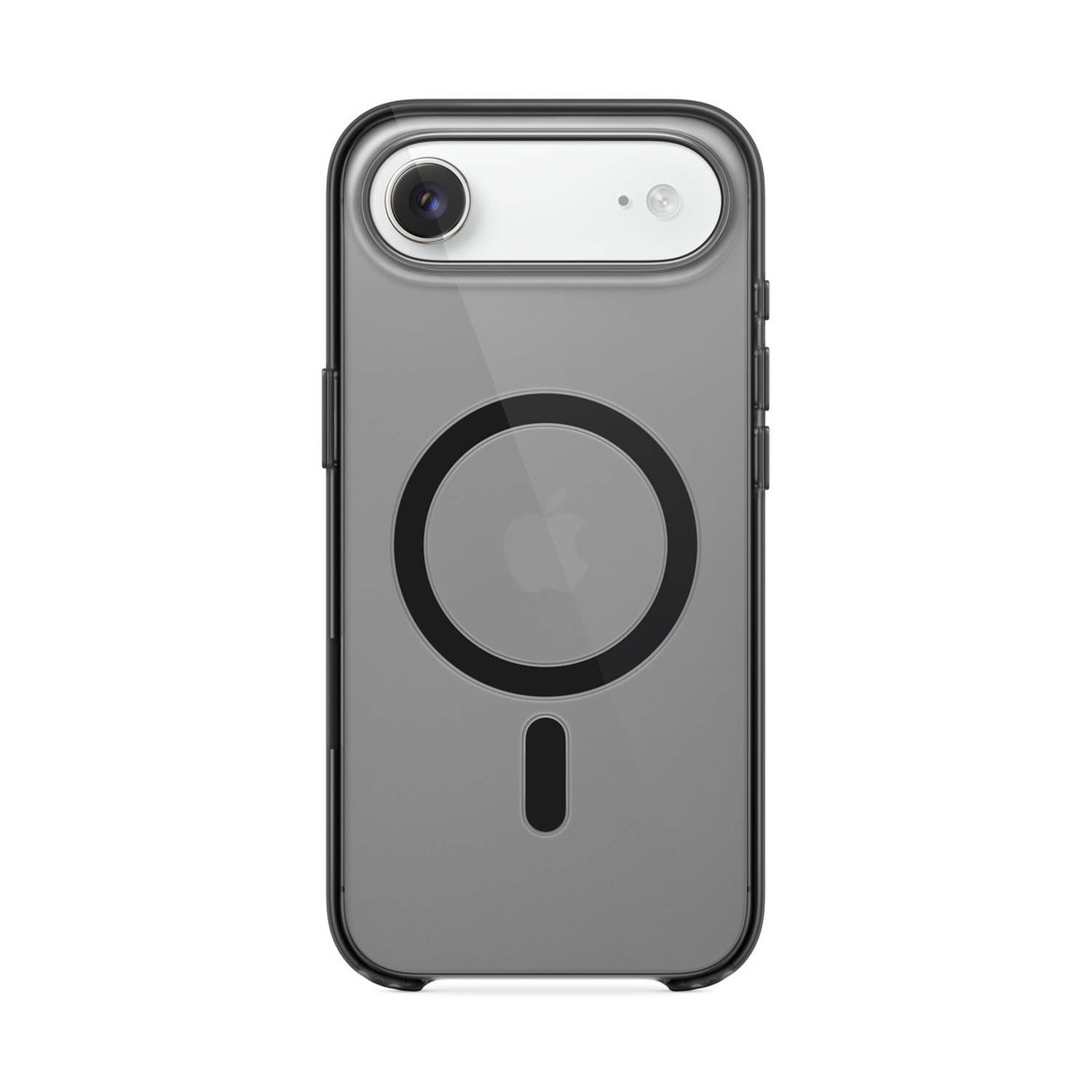 Una custodia trasparente per telefono con cornice nera, cerchio nero e design a trattini sul retro. Il telefono ha fotocamera e flash.